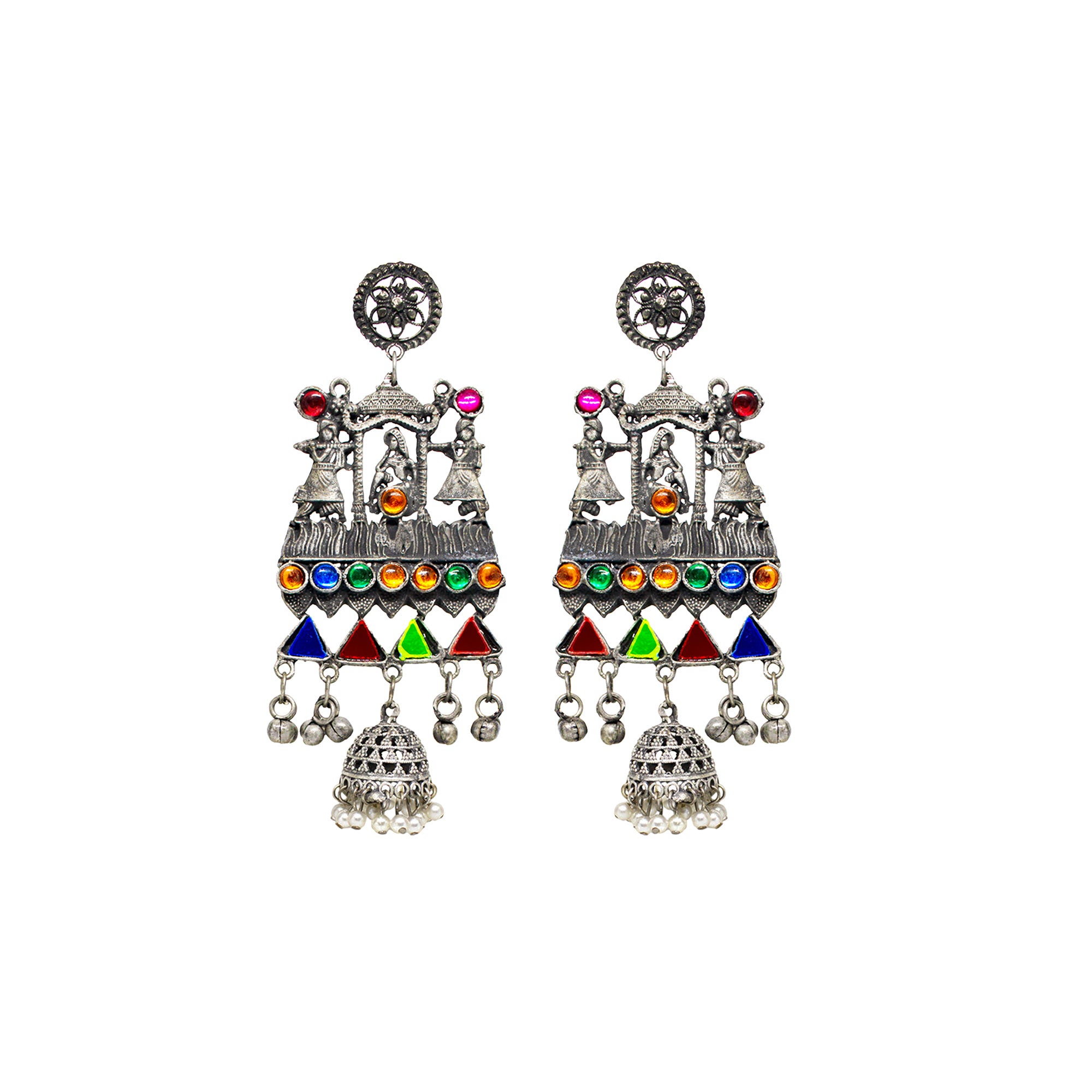 Abhinn Silver Oxidised Doli Design Multi Colour Dangler Earrings For Women-1