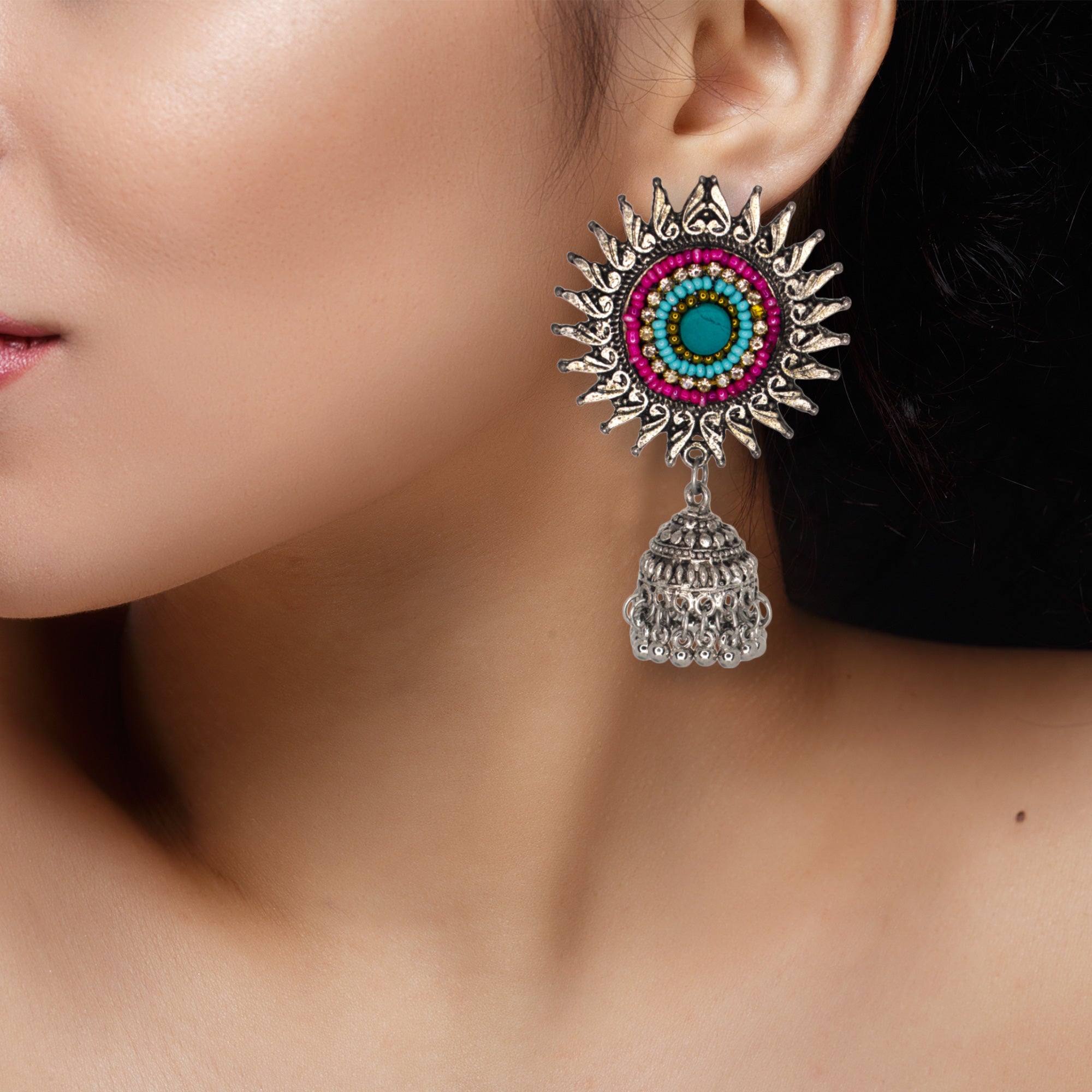 Abhinn Oxidised Silver Sun Shape Multi Color Beaded Jhumka Earrings For Women