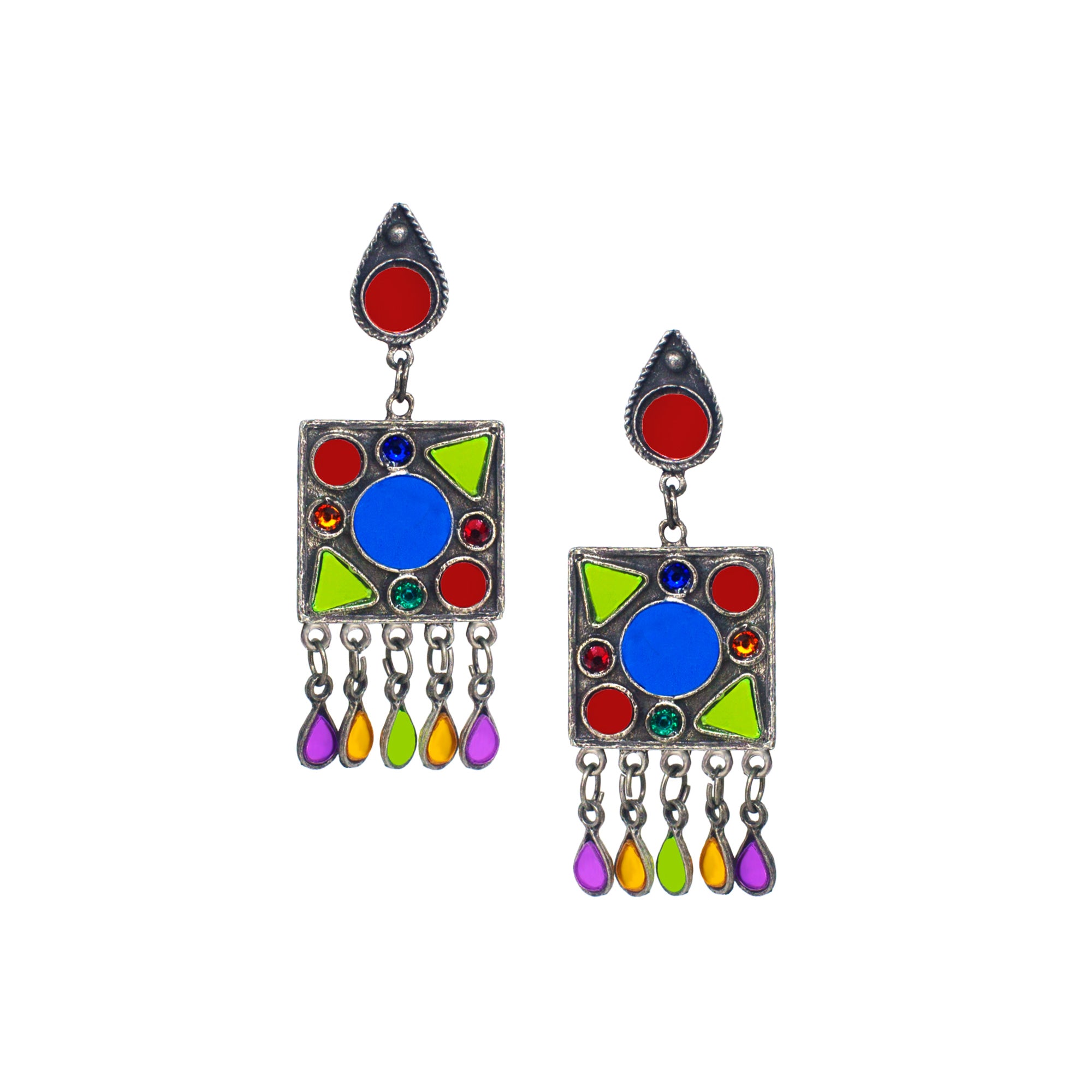 Abhinn Silver Oxidised Afghani Tribal Design Multi Colour Dangler Earrings For Women