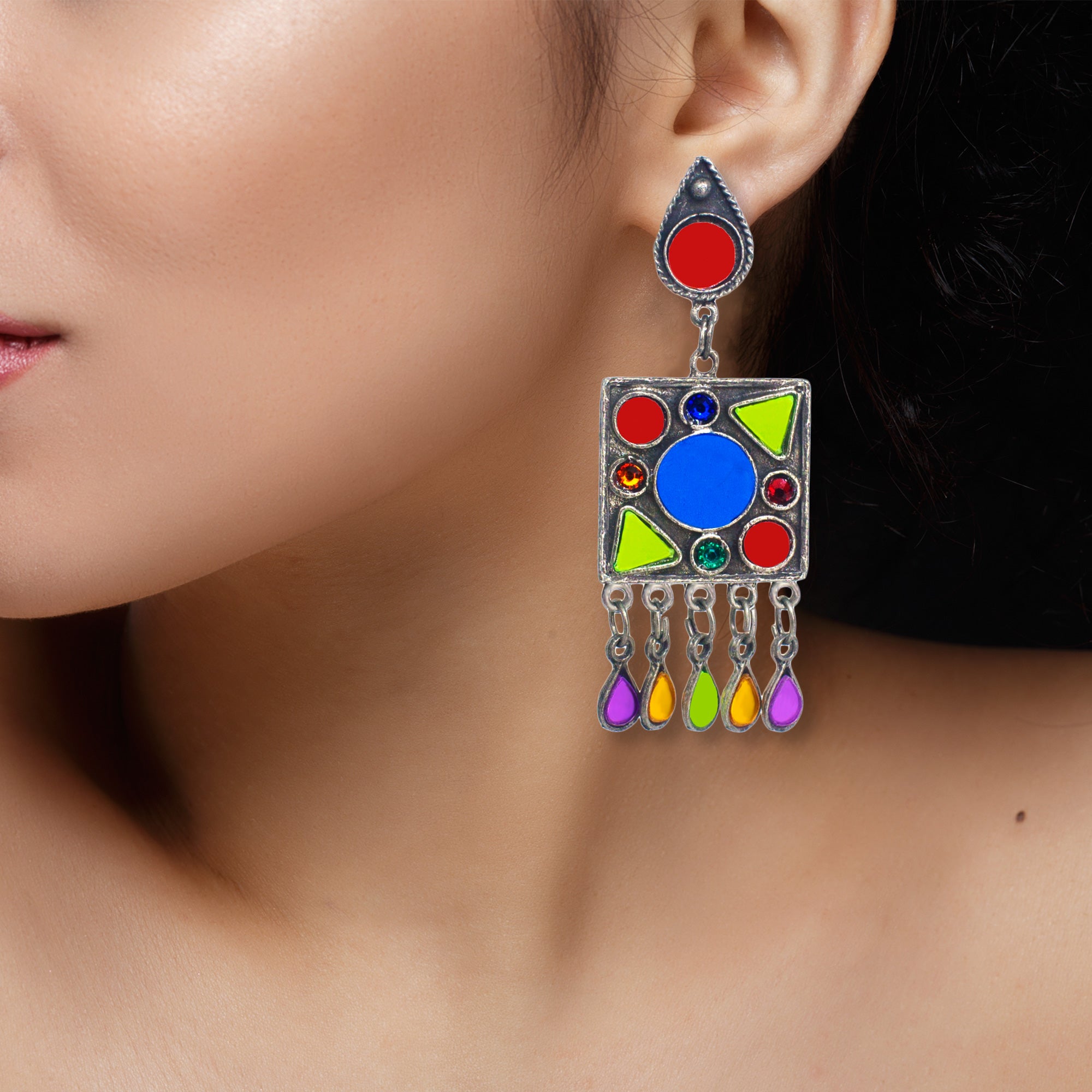Abhinn Silver Oxidised Afghani Tribal Design Multi Colour Dangler Earrings For Women