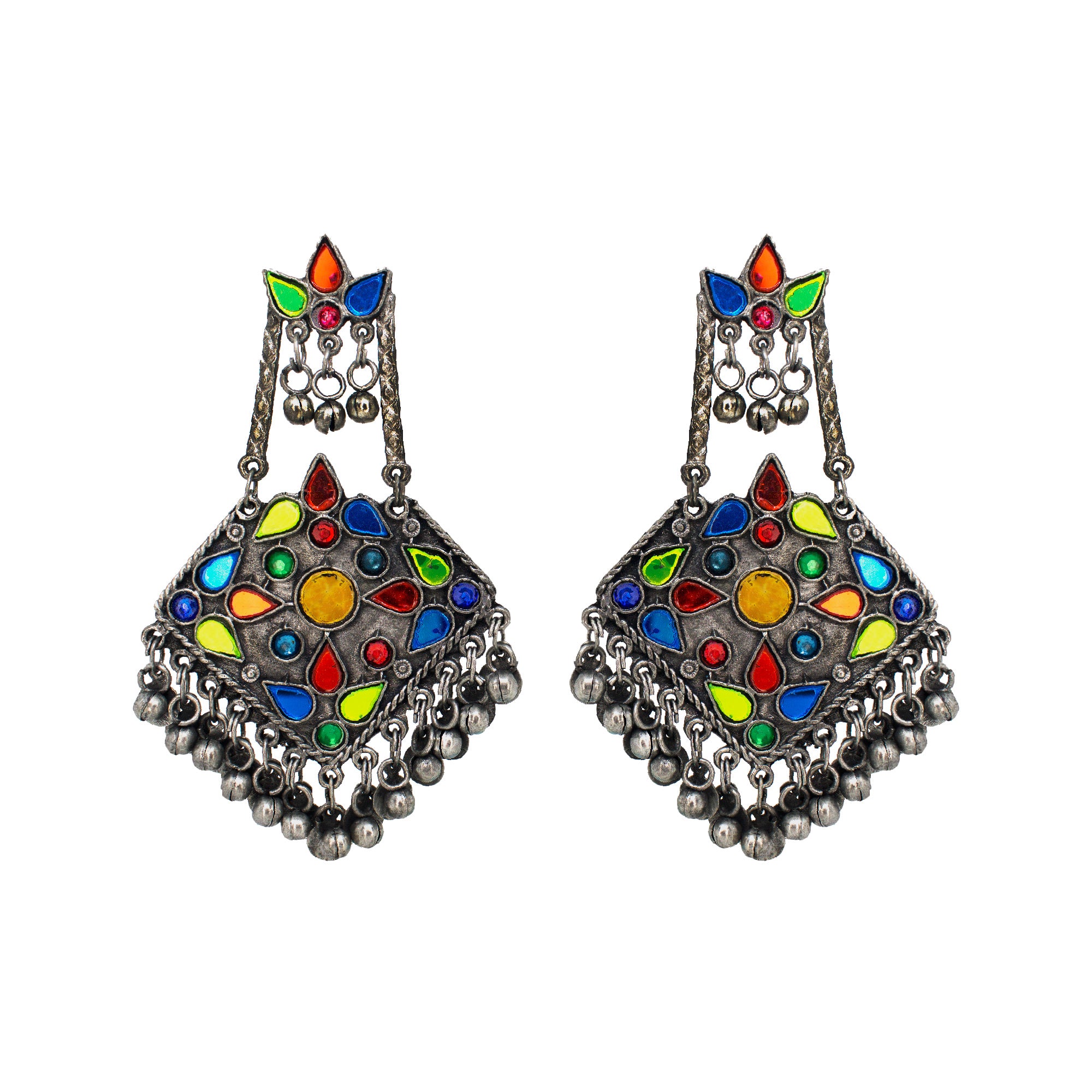 Abhinn Afghani Multi-Color Silver Oxidised Floral Design Dangler Earrings For Women