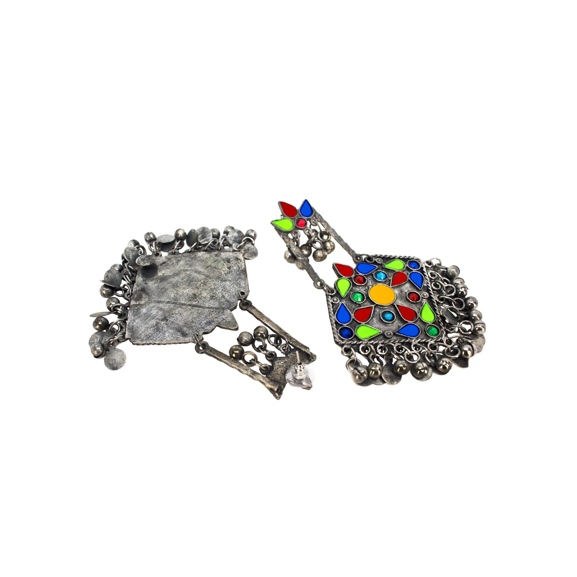 Abhinn Afghani Multi-Color Silver Oxidised Floral Design Dangler Earrings For Women