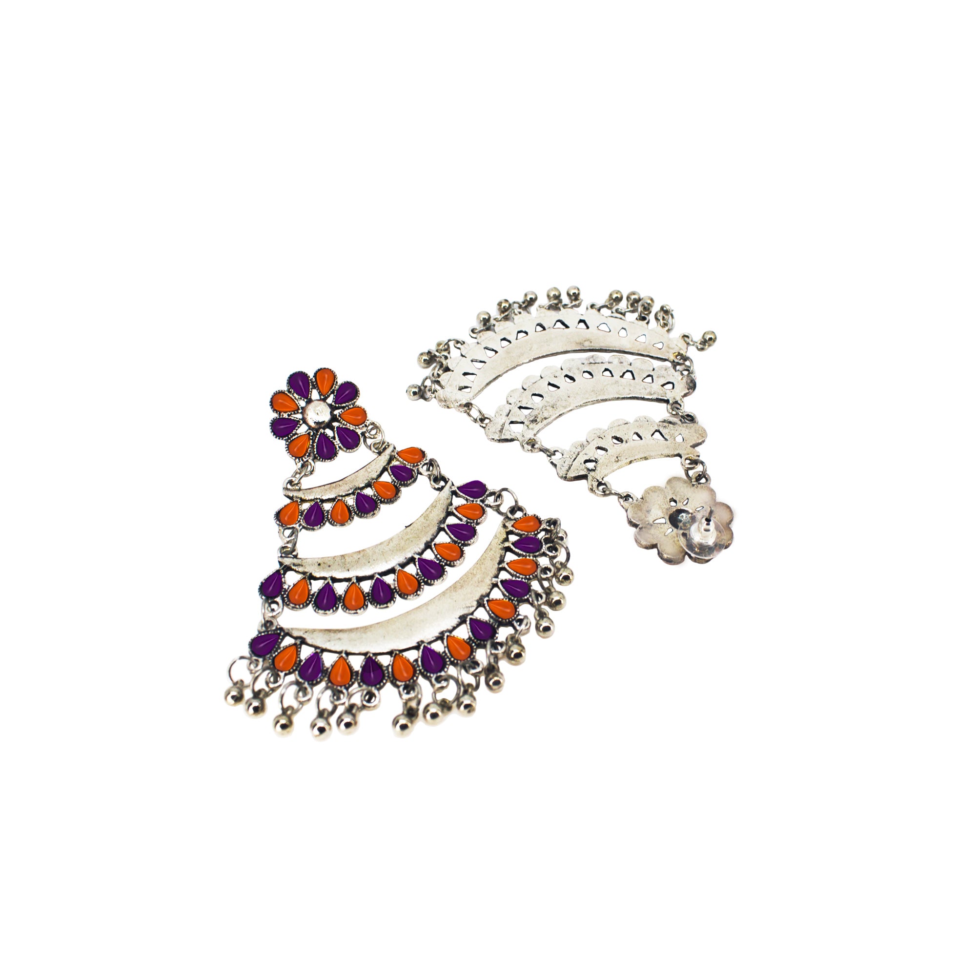 Abhinn Silver Oxidised Triple Layered Multi Colour Orange-Purple Dangler Earrings For Women