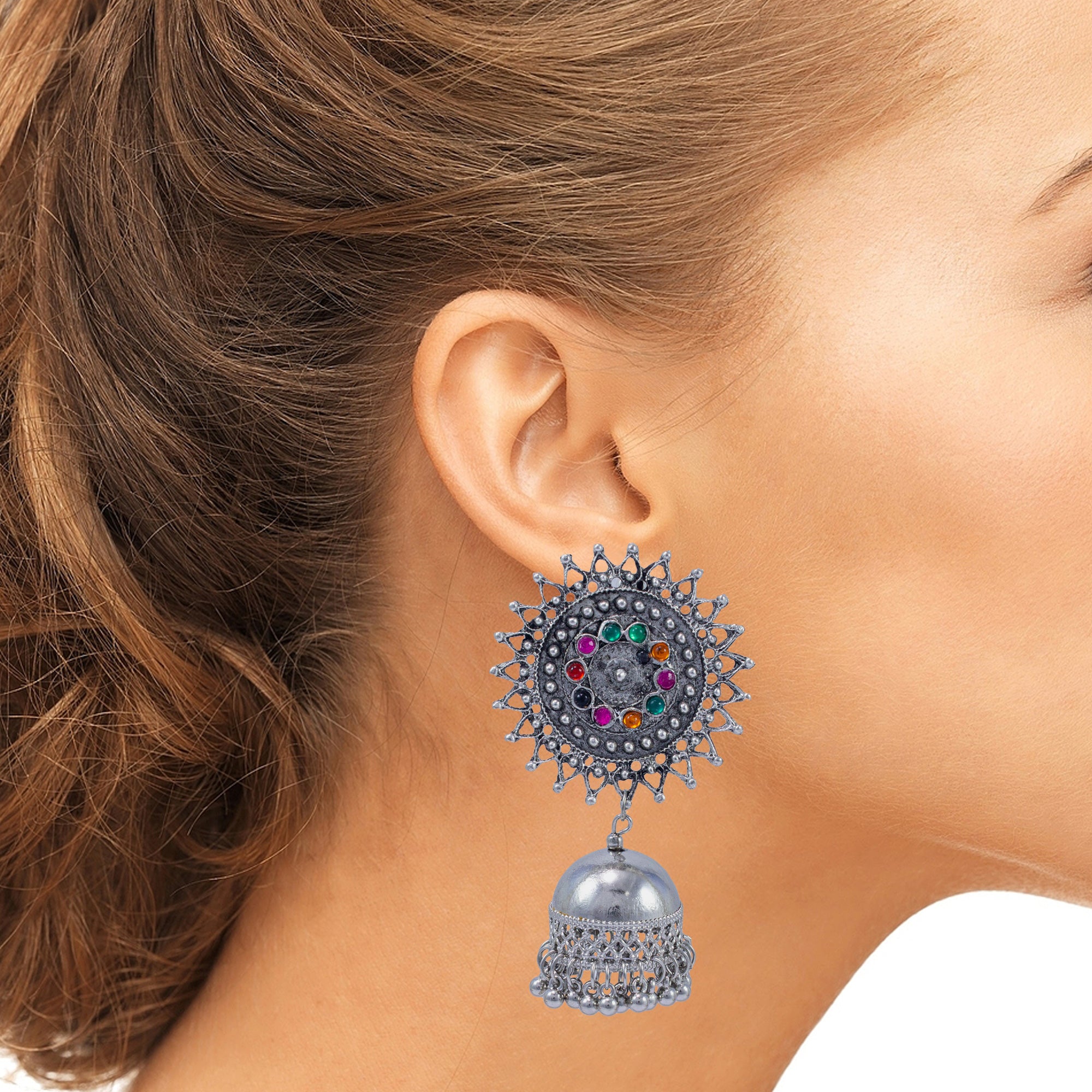 Abhinn Stylish Silver Oxidised Multi Colour Sun Shaped Jhumka Earrings For Women