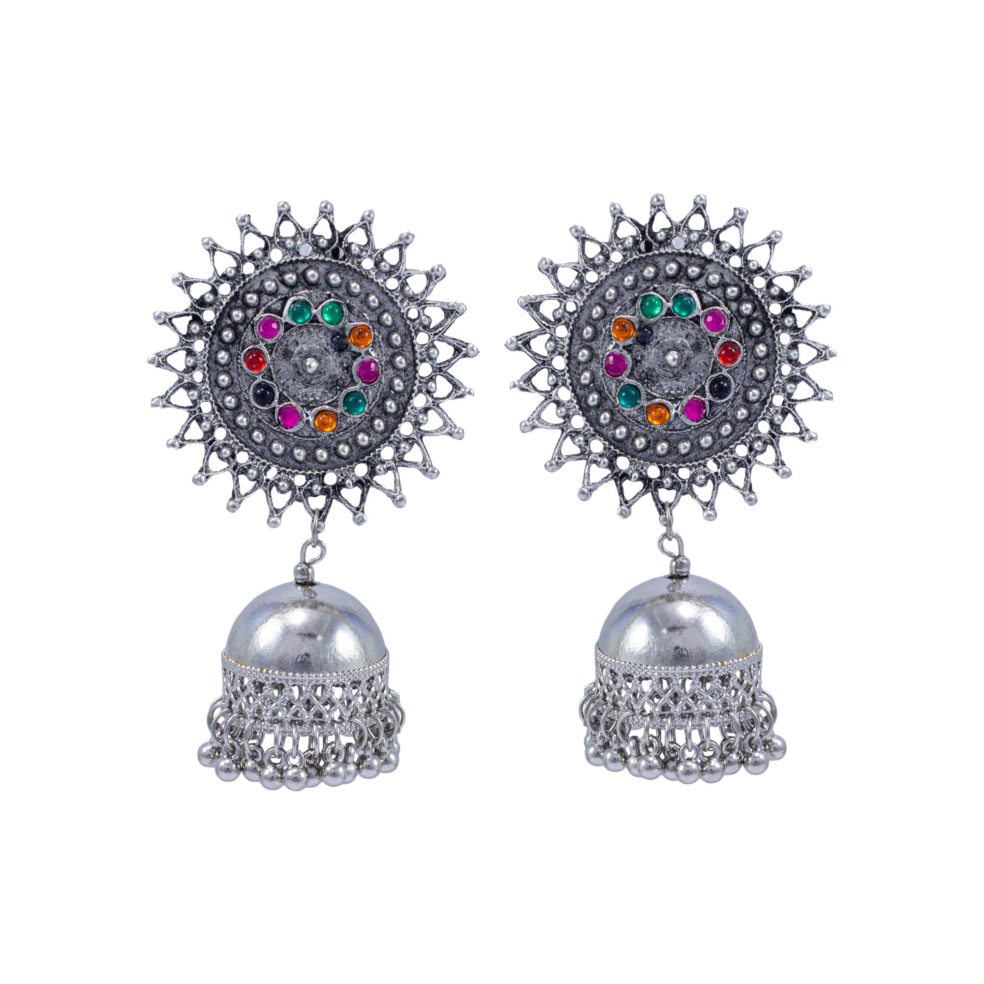Abhinn Stylish Silver Oxidised Multi Colour Sun Shaped Jhumka Earrings For Women