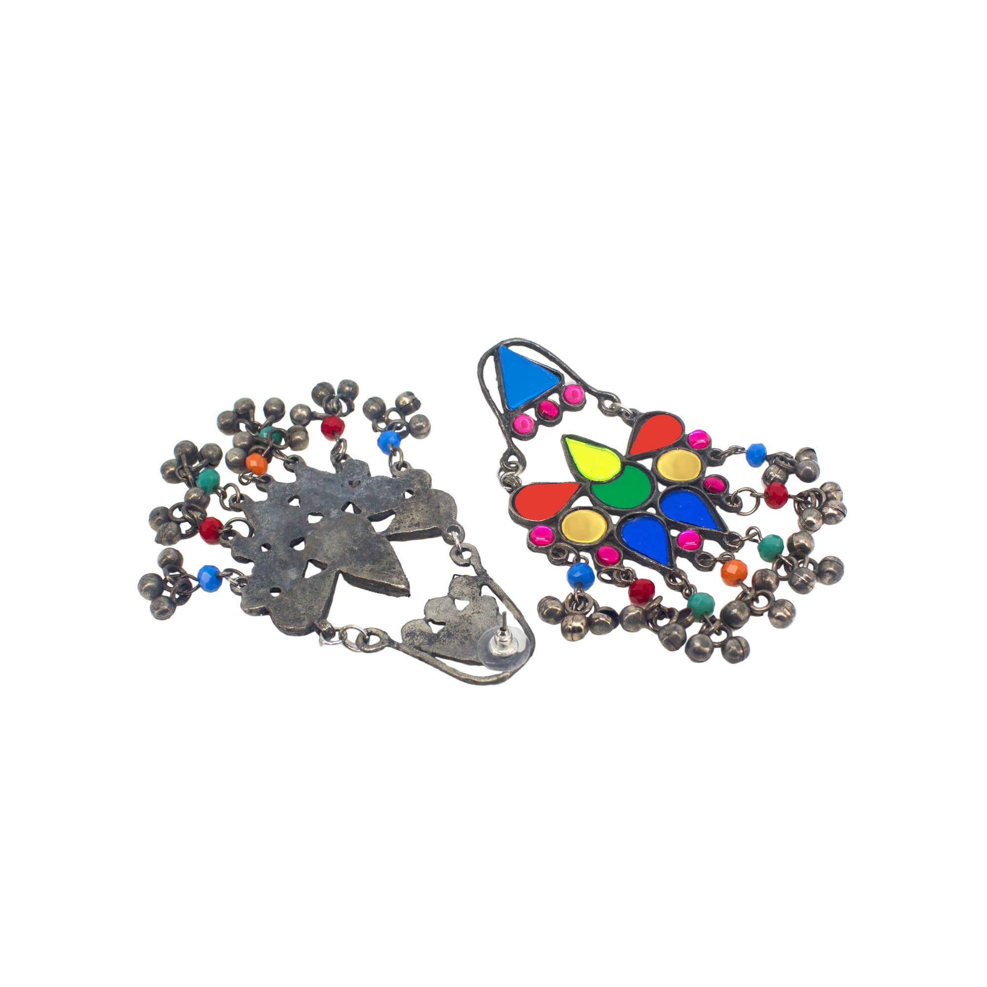 Abhinn Afghani Silver Oxidised Tribal Design Multi Colour Dangler Earrings For Women