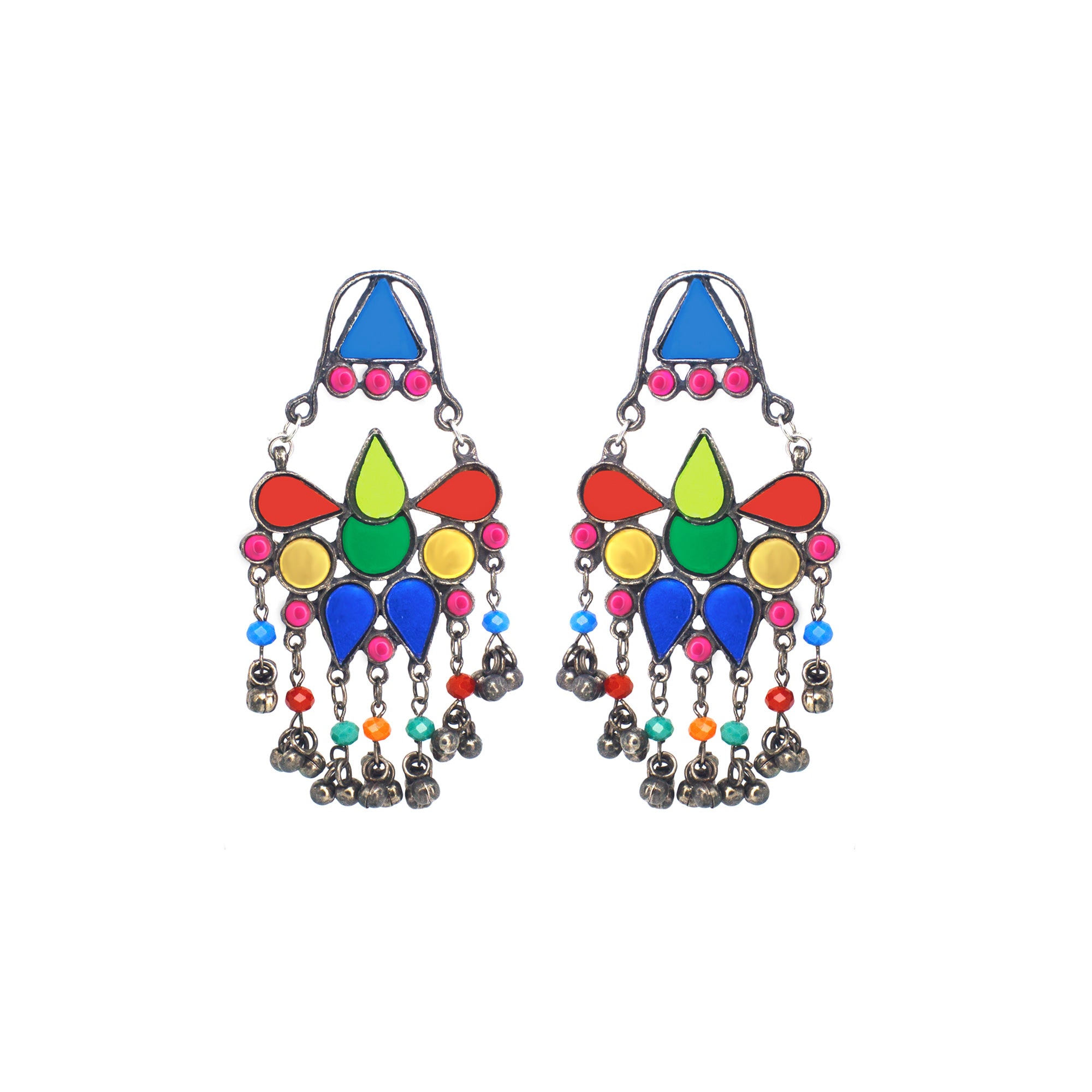 Abhinn Afghani Silver Oxidised Tribal Design Multi Colour Dangler Earrings For Women