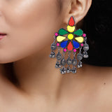 Abhinn Black Polished Tribal Look Floral Design Multi Colour Dangler Earrings For Women