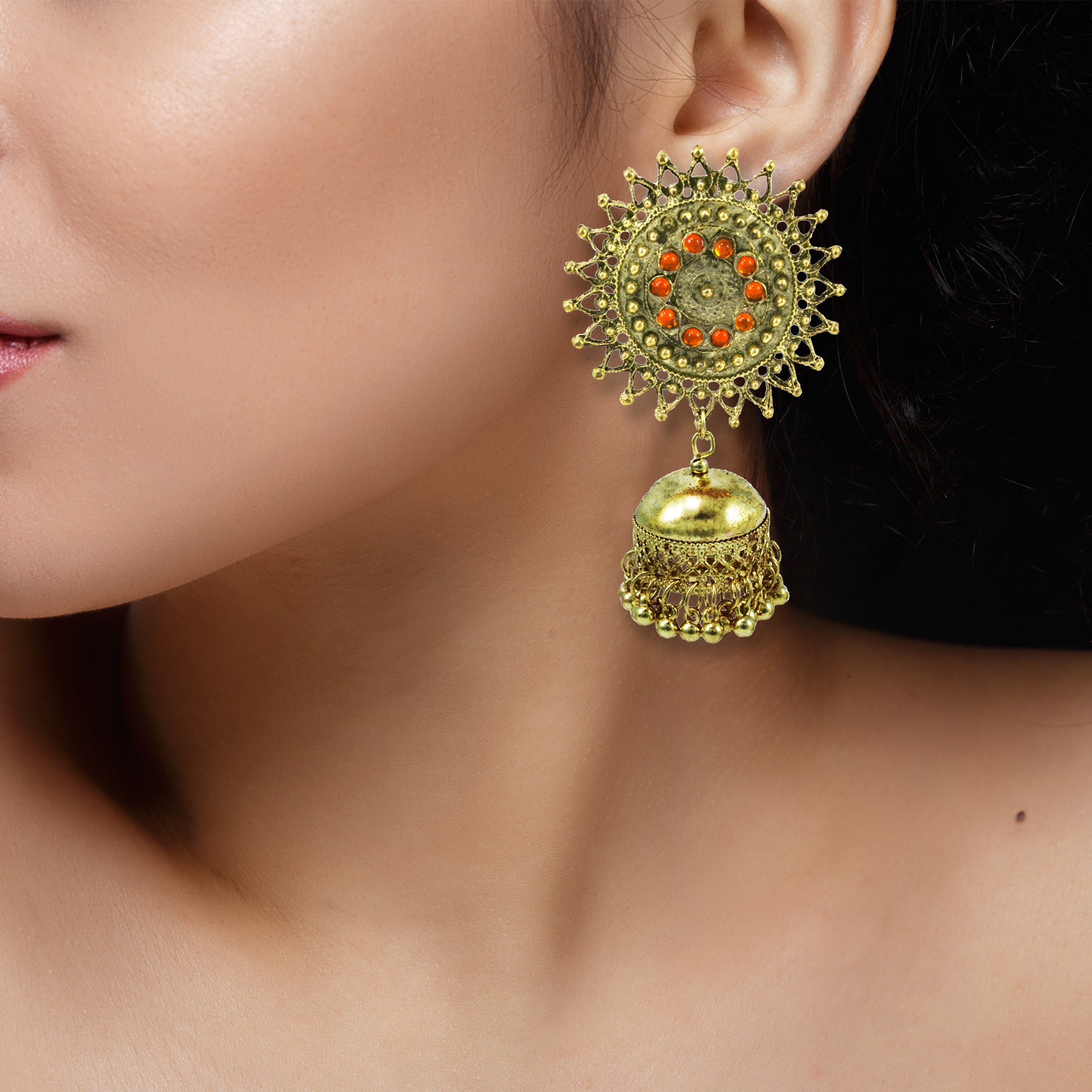 Abhinn Stylish Golden Oxidised Sun Shaped Jhumka Earrings For Women