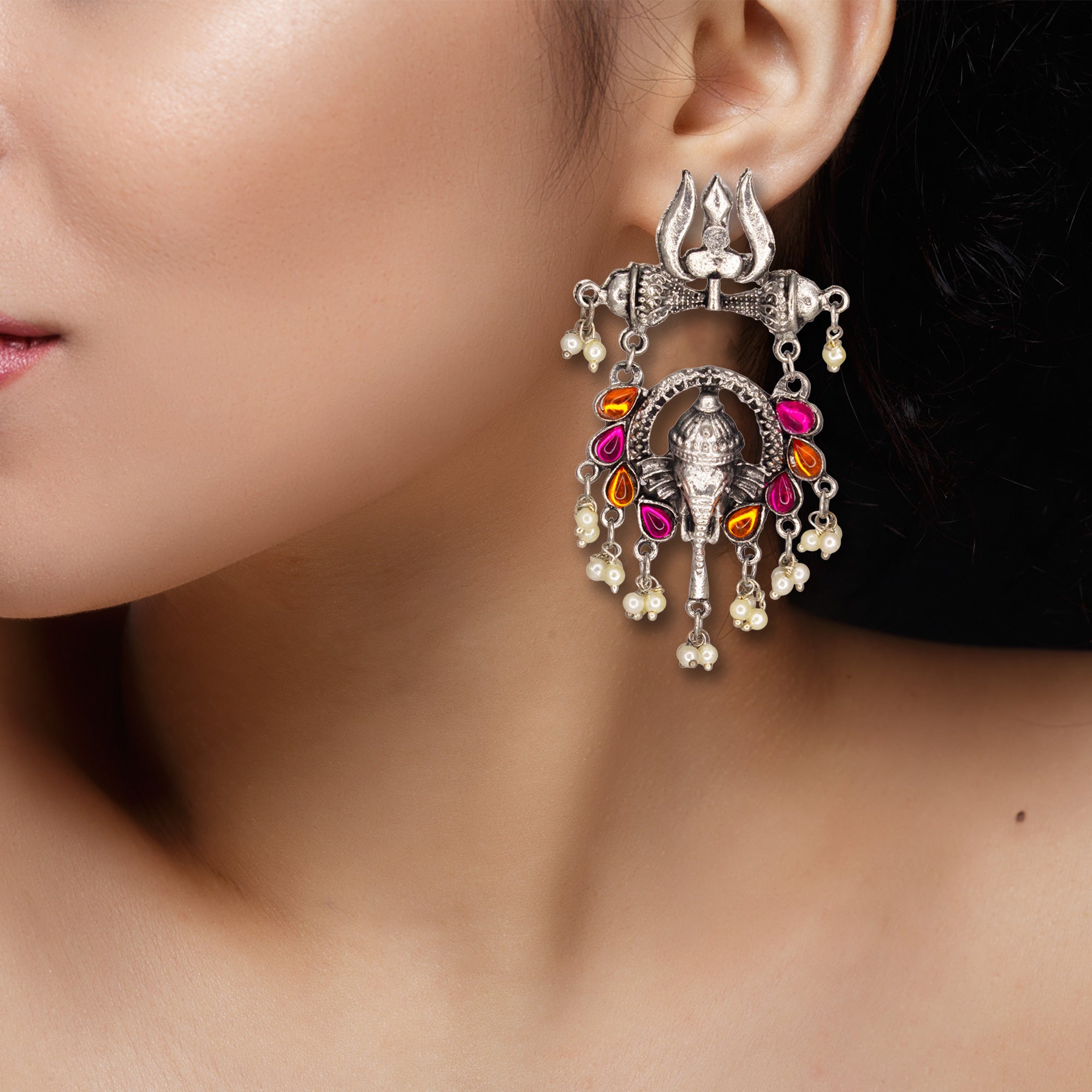 Abhinn Silver Oxidised Ganesha With Pink-Orange Kundan Stone Dangler Earrings For Women