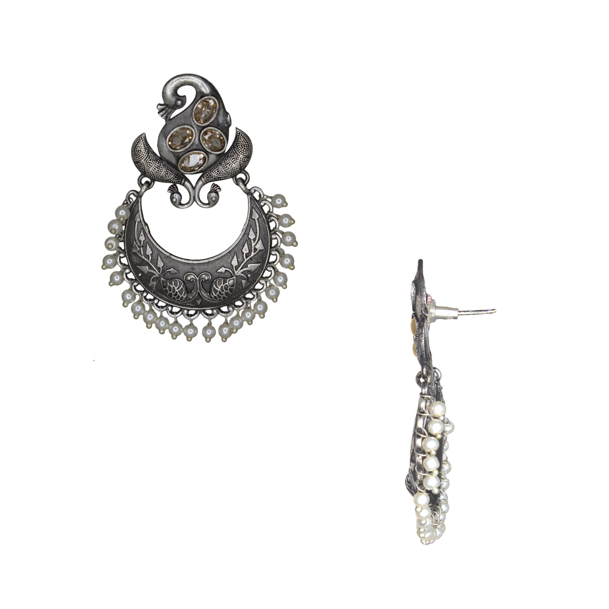 Silver lookalike Peacock Design Studs With Yellow Stones Studded Earrings for Women