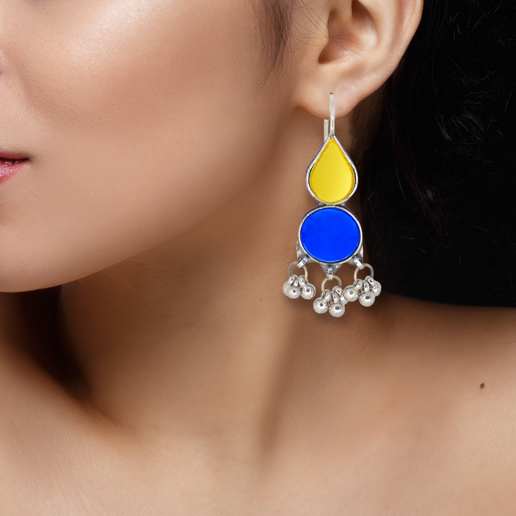 Abhinn Afghani Silver Plated Yellow-Blue Glass Dangler Earrings For Women
