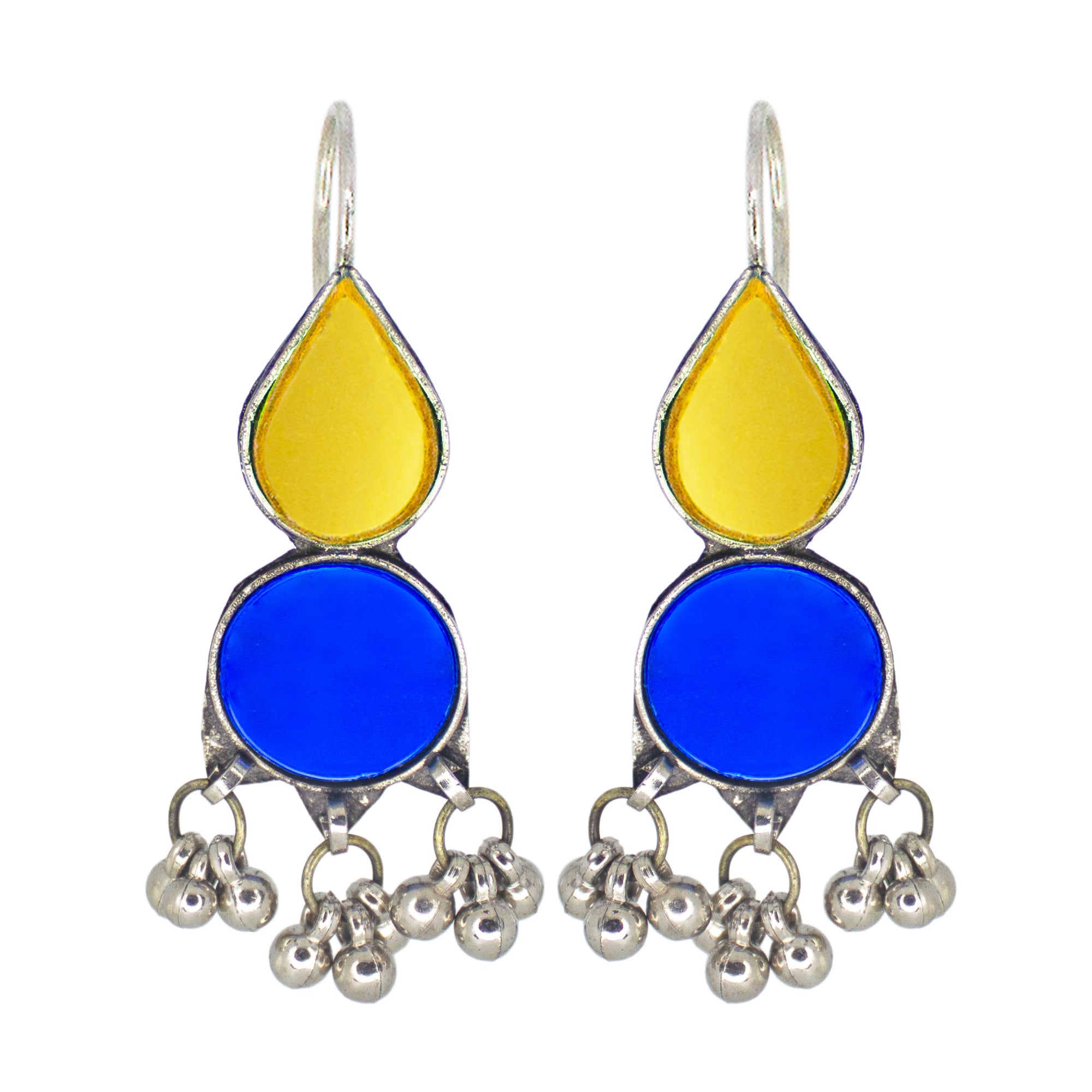 Abhinn Afghani Silver Plated Yellow-Blue Glass Dangler Earrings For Women