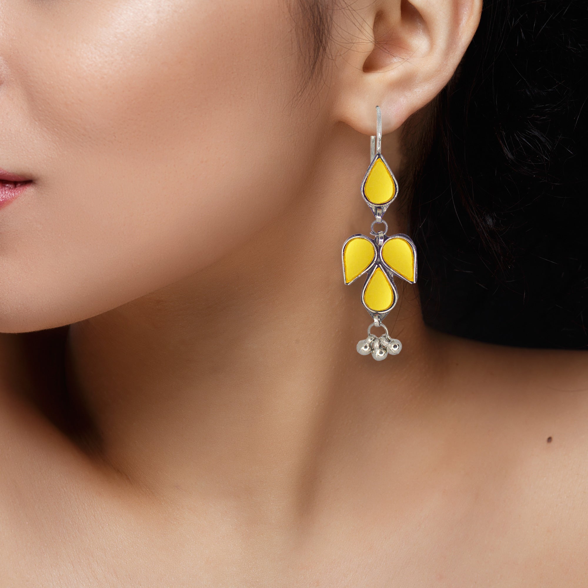 Abhinn Afghani Silver Plated Petal Shape Yellow Glass Dangler Earrings For Women