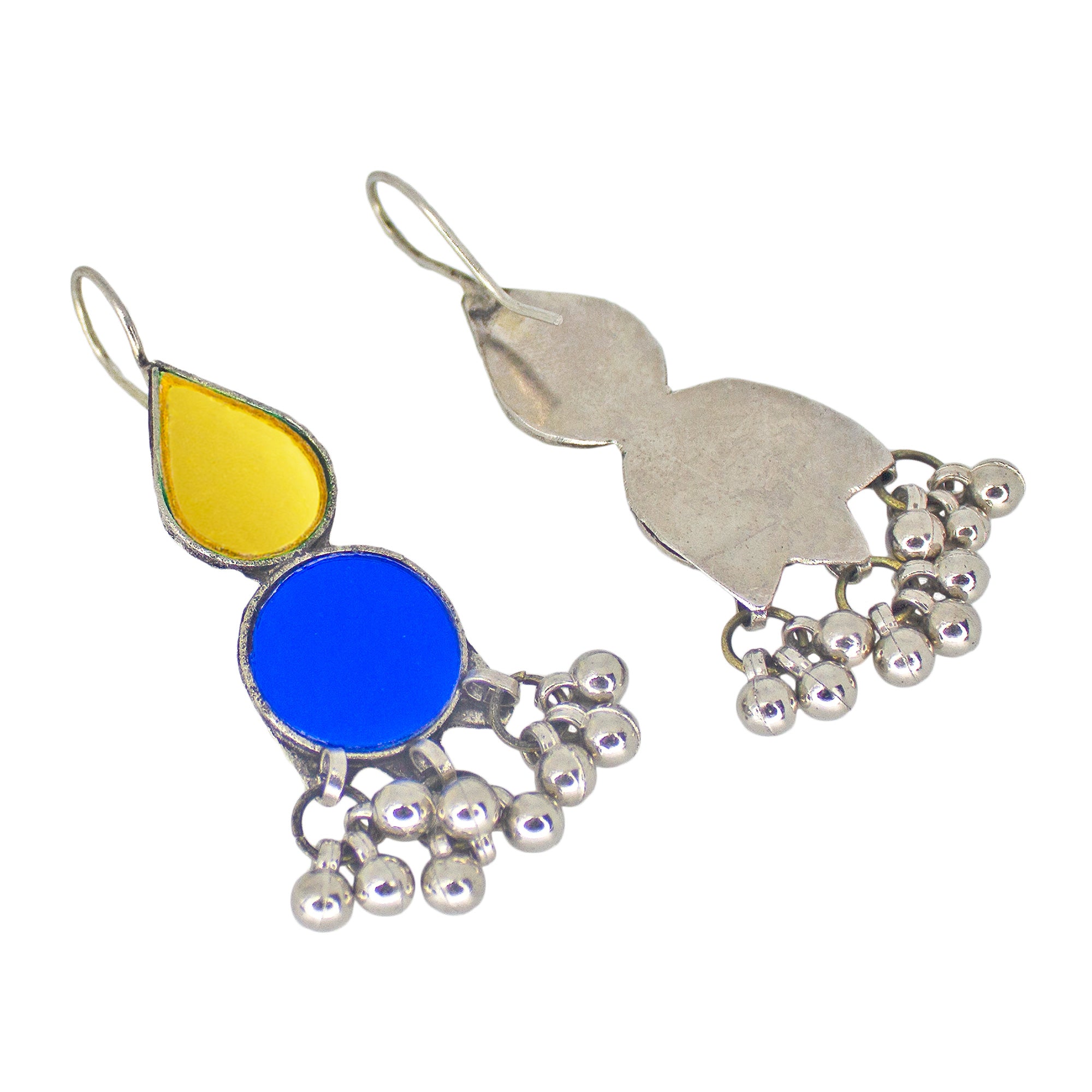 Abhinn Afghani Silver Plated Geometrical Yellow-Blue Glass Dangler Earrings For Women