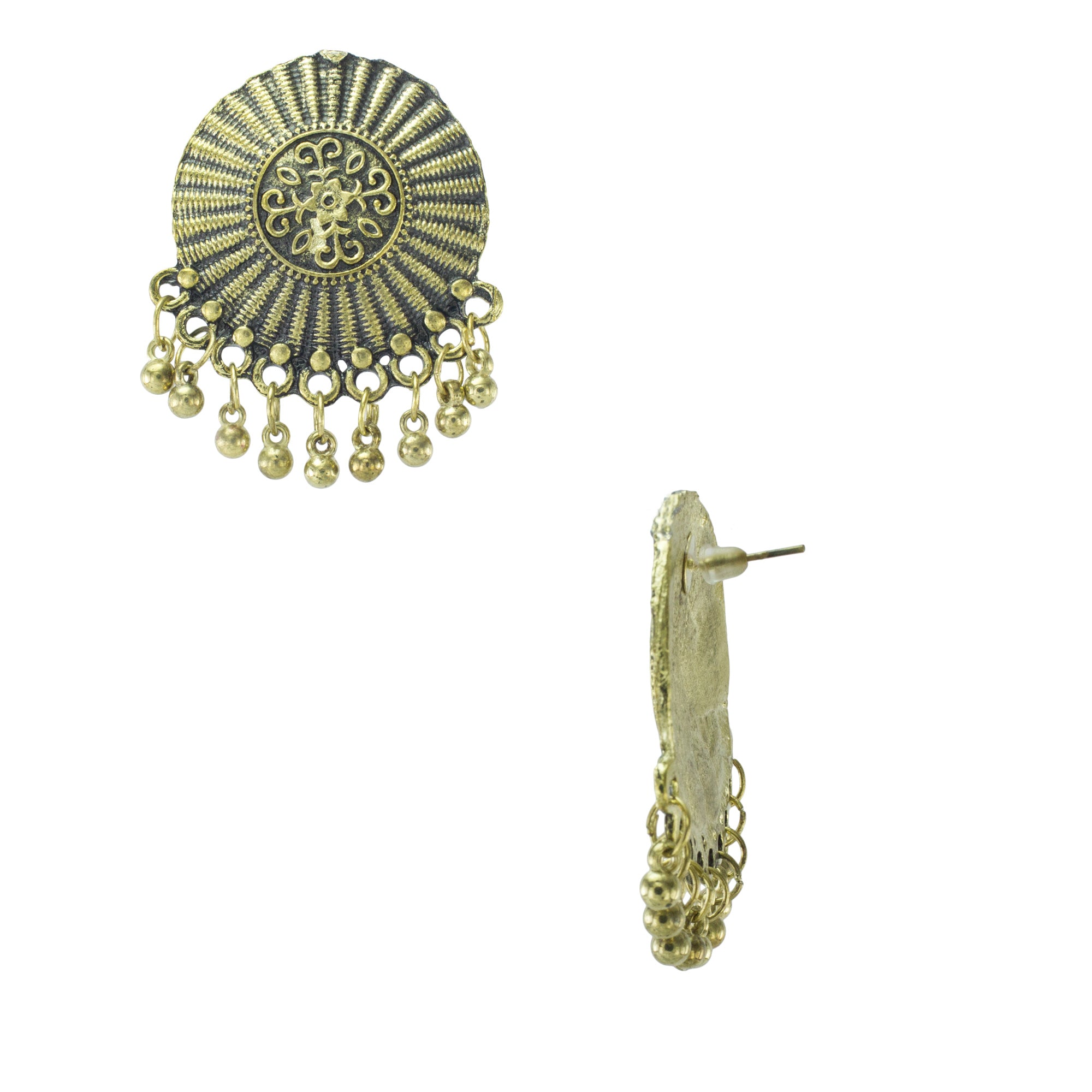 Golden Oxidized Floral Design Stud Earrings for Women