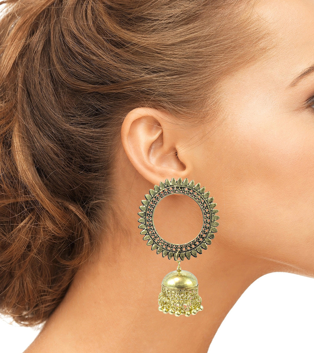 Abhinn Golden Oxidised Sun Shaped Stud With Jhumka Earrings for Women
