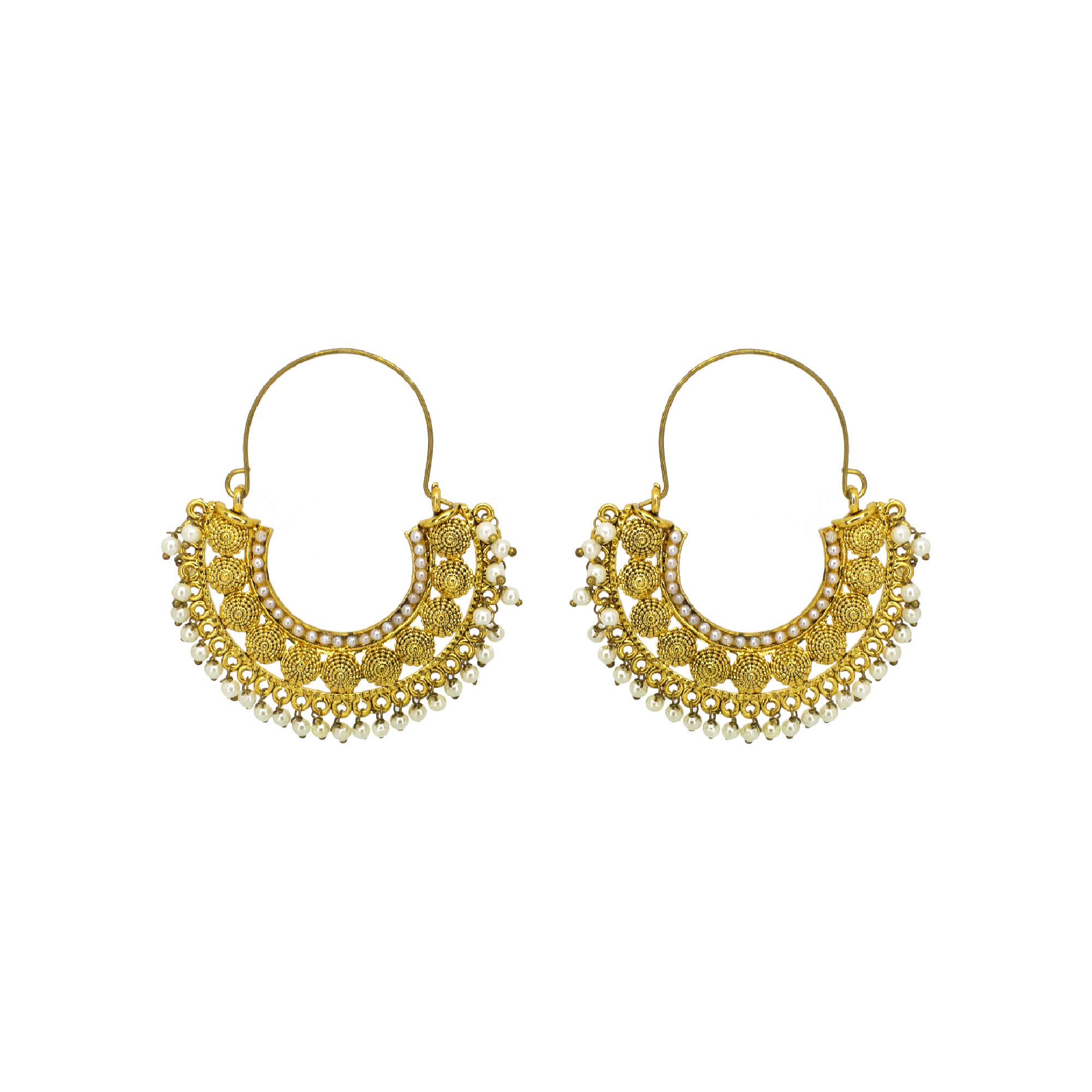Abhinn Golden Plated Temple Design With White Beads Hoop Earrings For Women