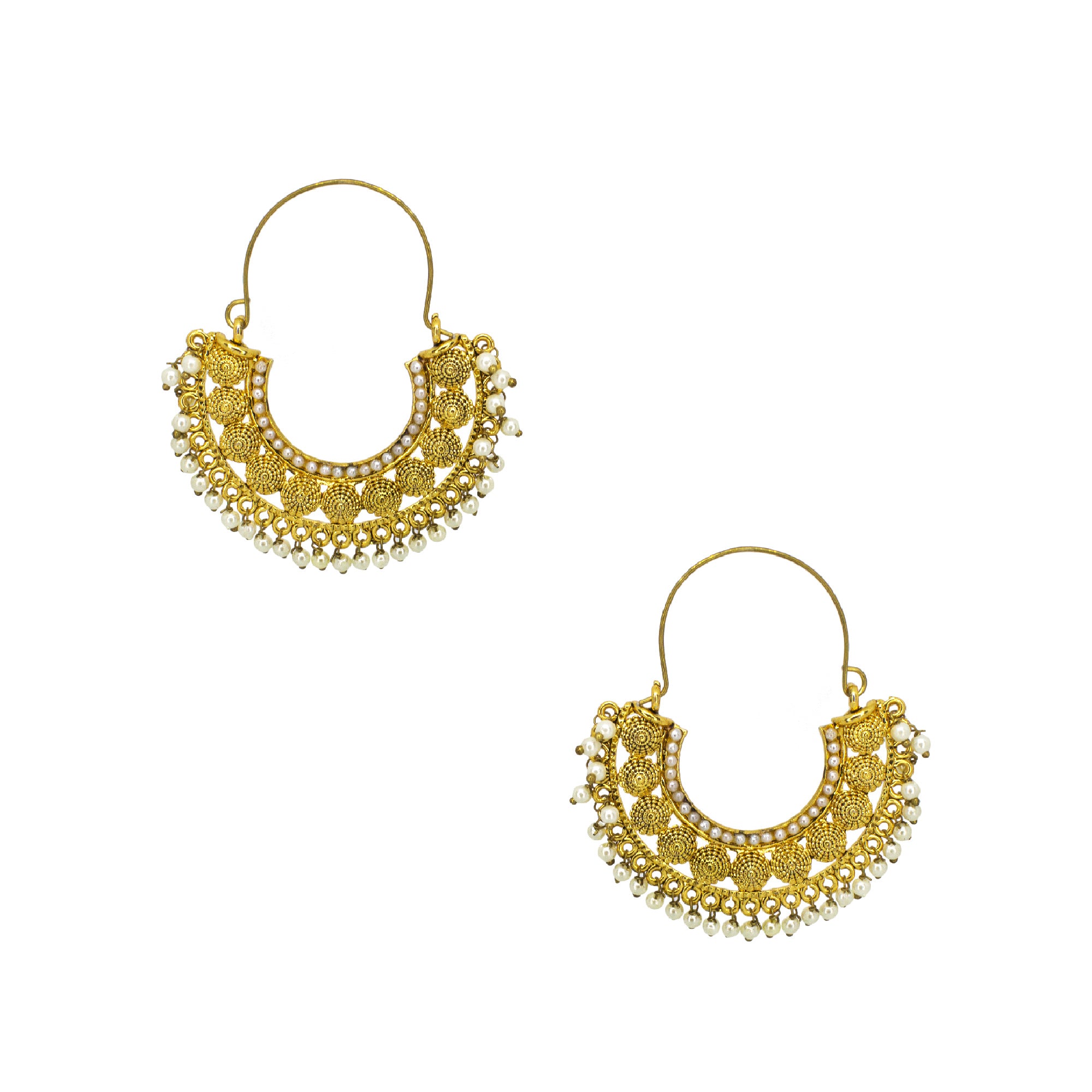 Abhinn Golden Plated Temple Design With White Beads Hoop Earrings For Women