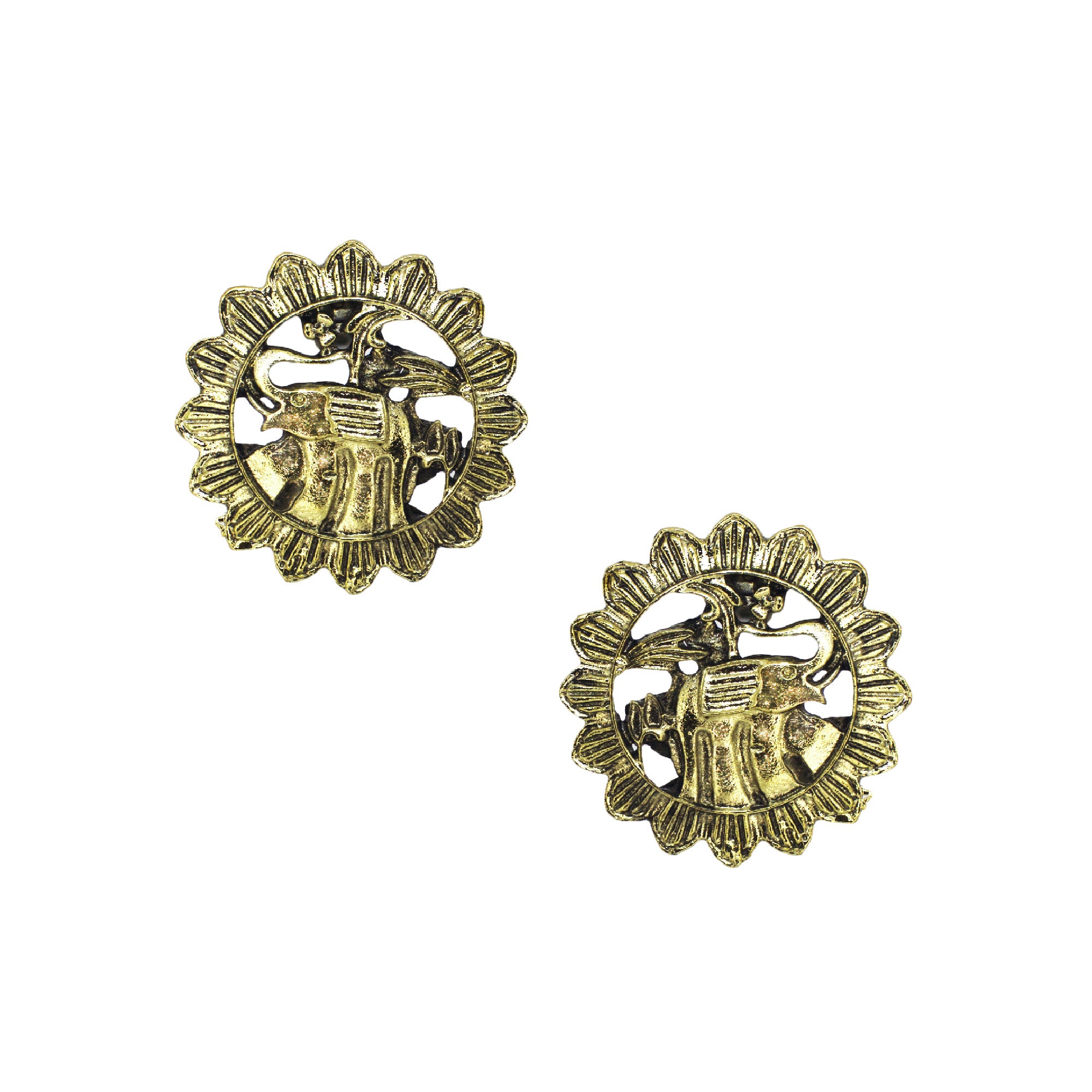 Abhinn Golden Oxidised Sun Shaped Elephant Design Big Stud Earrings For Women 