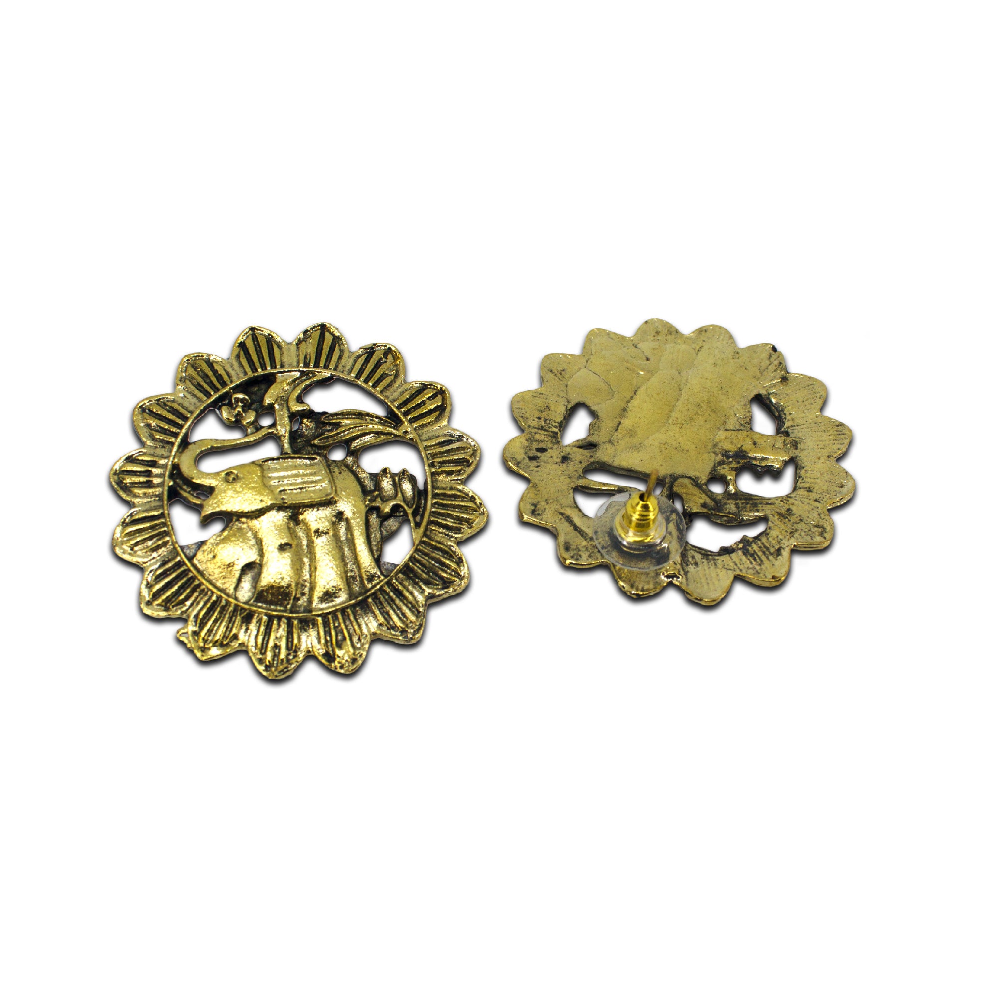 Abhinn Golden Oxidised Sun Shaped Elephant Design Big Stud Earrings For Women 