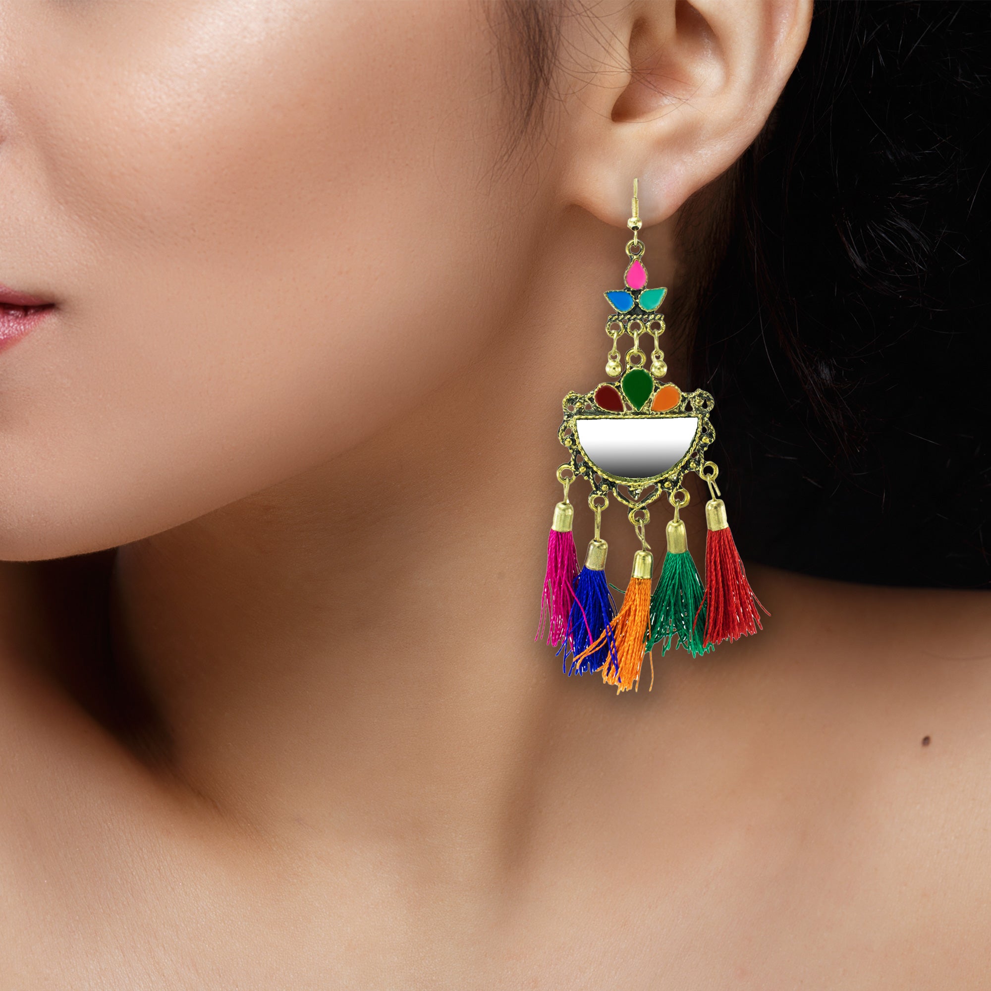 Abhinn Golden Oxidised Multicolor Afghani Tassel Meena Danglers Earrings for Women