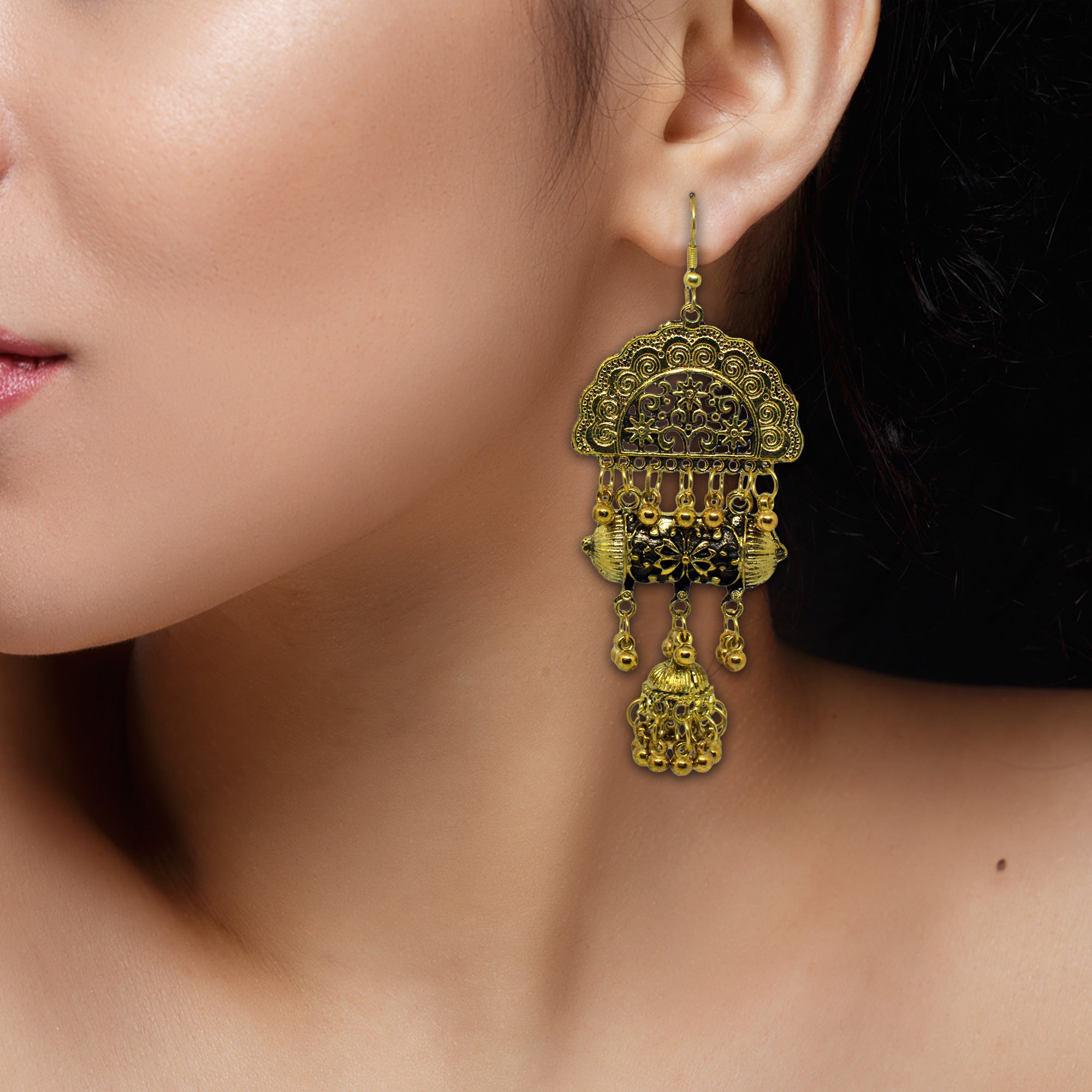 Abhinn Temple Design Golden Oxidised Dangler With Small Jhumki Earrings For Women