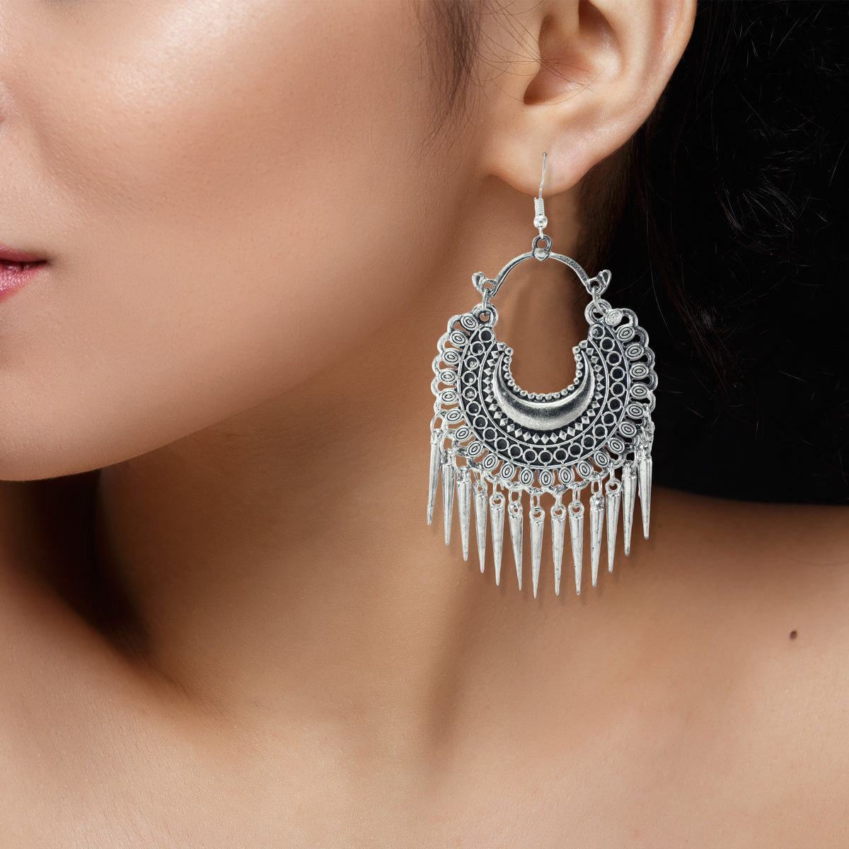 Abhinn Stylish German Silver Oxidized Crescent Chandbali Earrings for Women