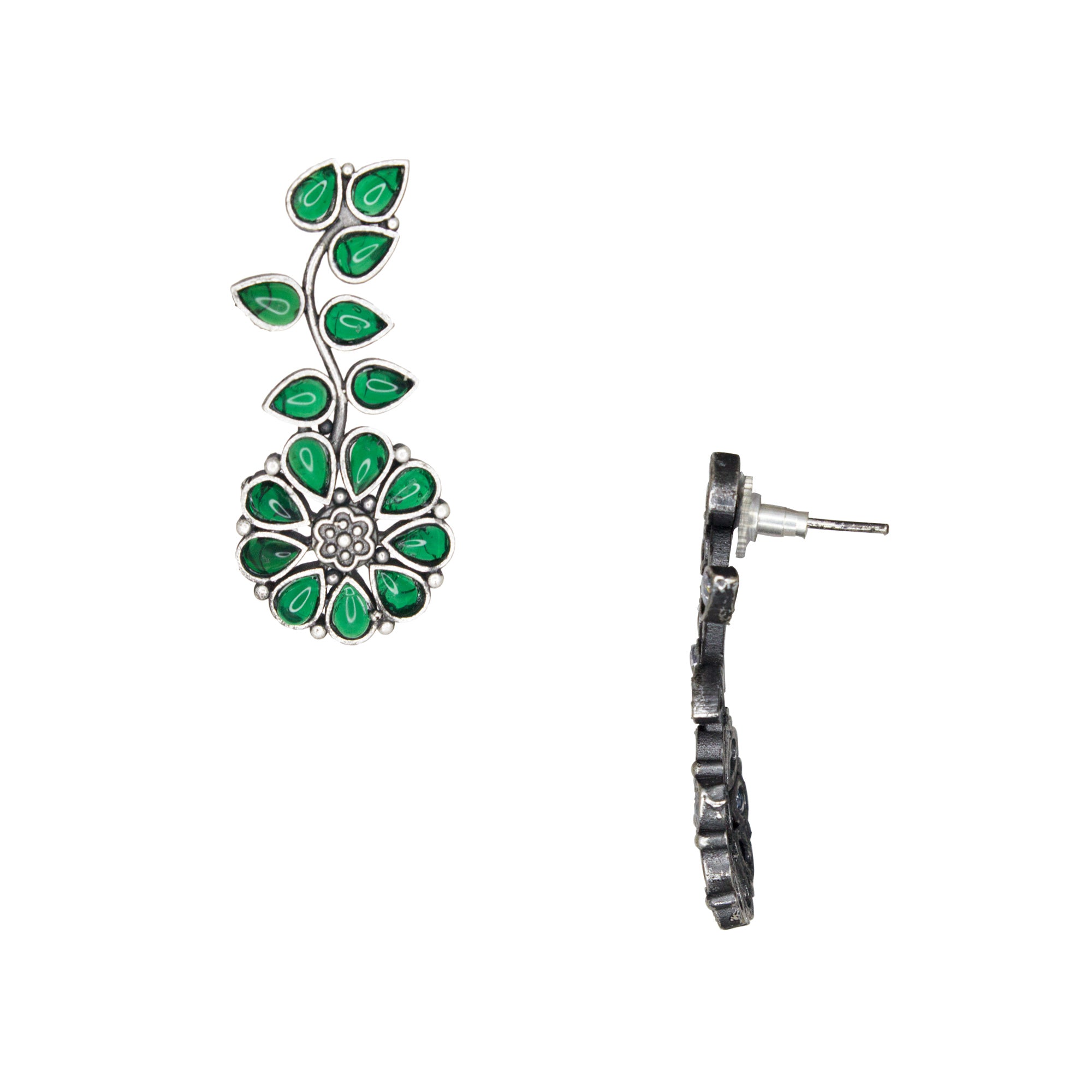 Silver Lookalike Floral Design Green Stones Studded Studs for Women
