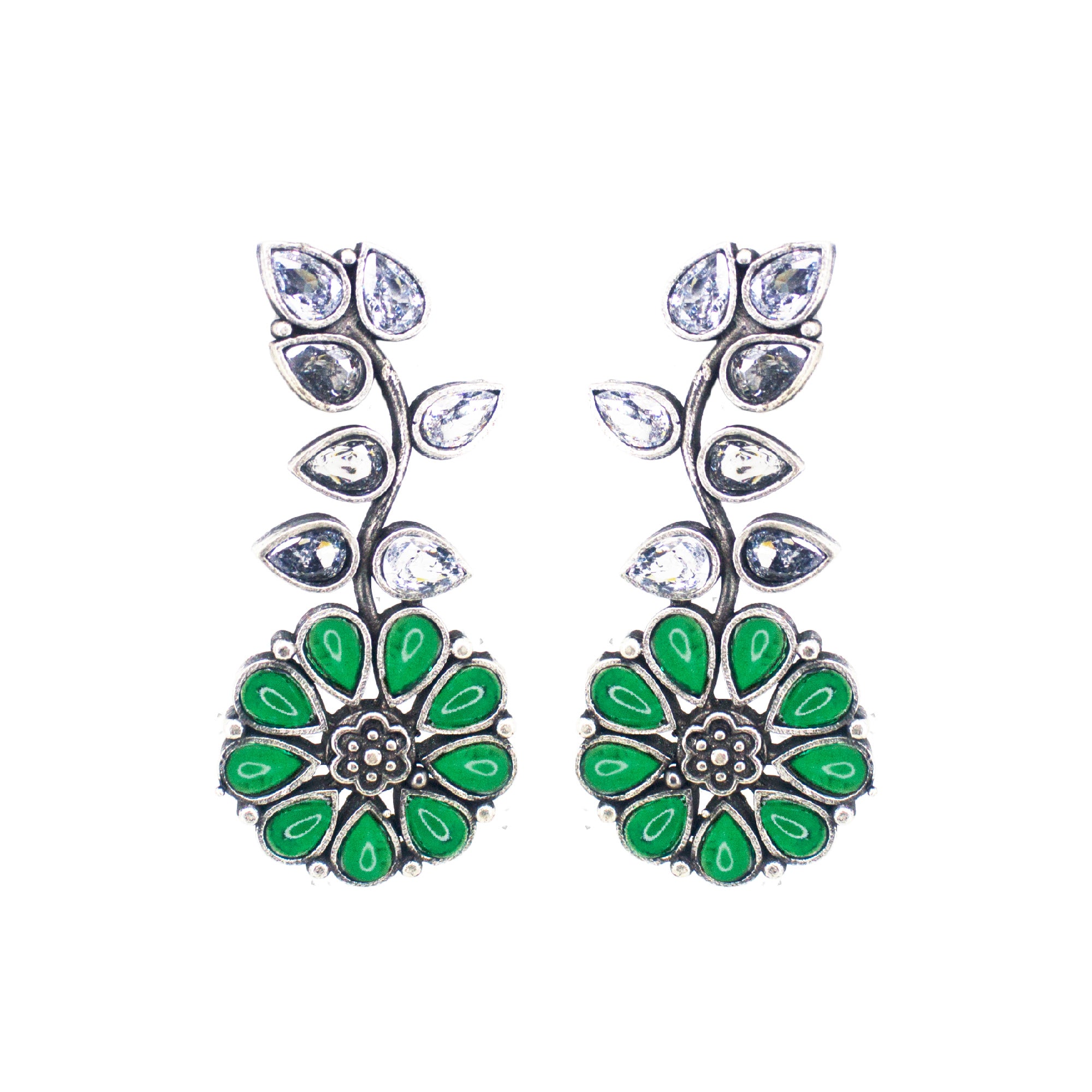 Abhinn Silver Replica Floral Design Green Stones Studded Studs Earrings for Women