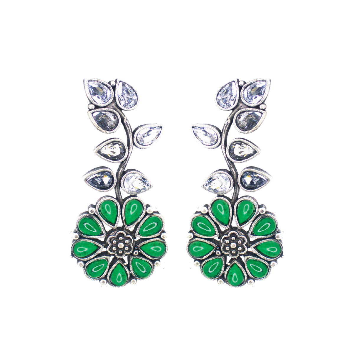 Abhinn Silver Replica Floral Design Green Stones Studded Studs Earrings for Women
