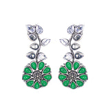 Abhinn Silver Replica Floral Design Green Stones Studded Studs Earrings for Women