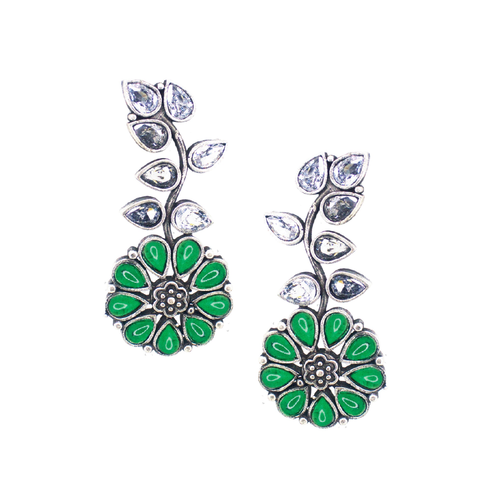 Abhinn Silver Replica Floral Design Green Stones Studded Studs Earrings for Women