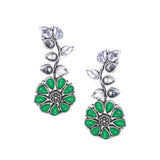 Abhinn Silver Replica Floral Design Green Stones Studded Studs Earrings for Women
