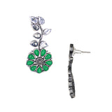 Abhinn Silver Replica Floral Design Green Stones Studded Studs Earrings for Women