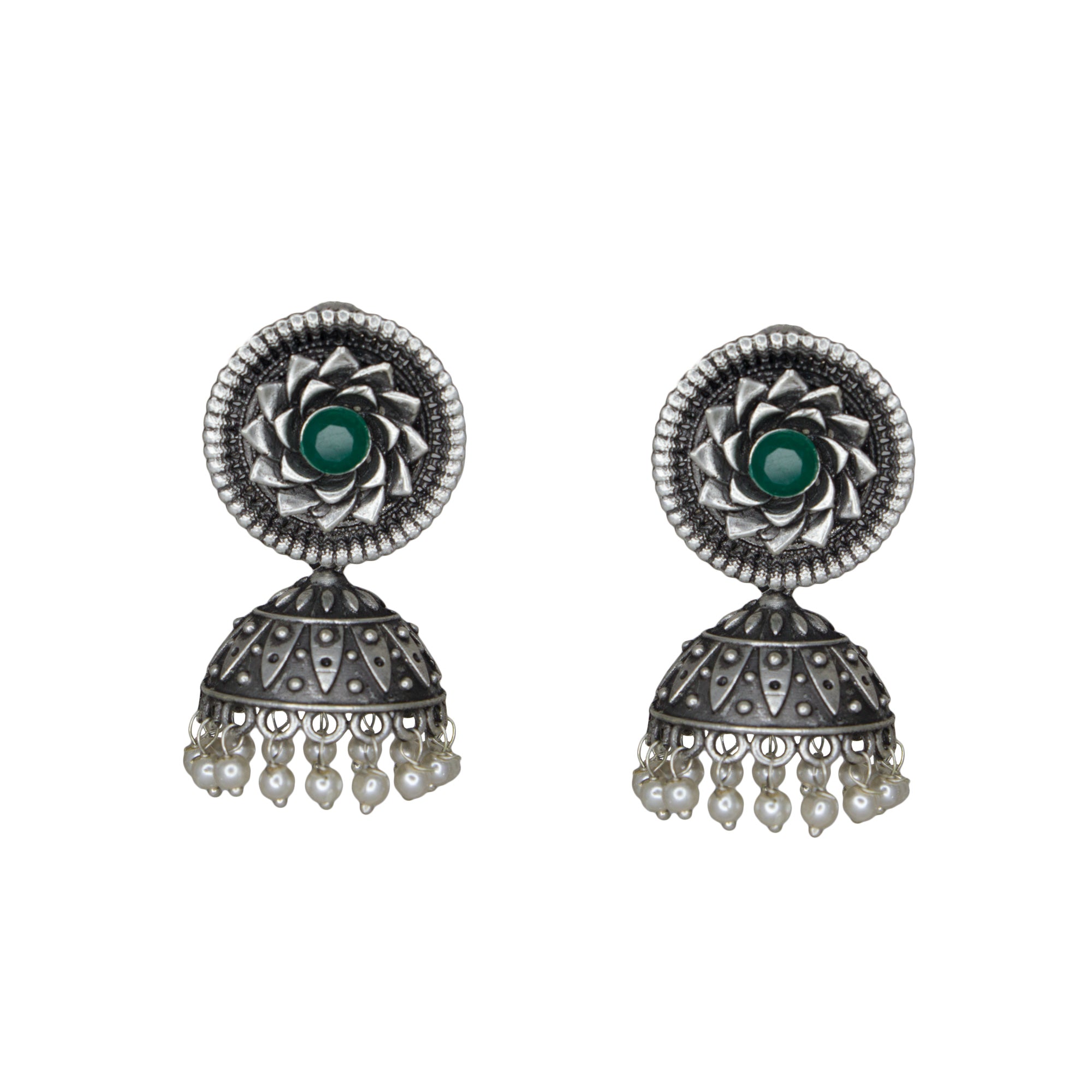 Abhinn Silver Replica Floral Design Jhumka Earring With Green CZ Stone For Girls.