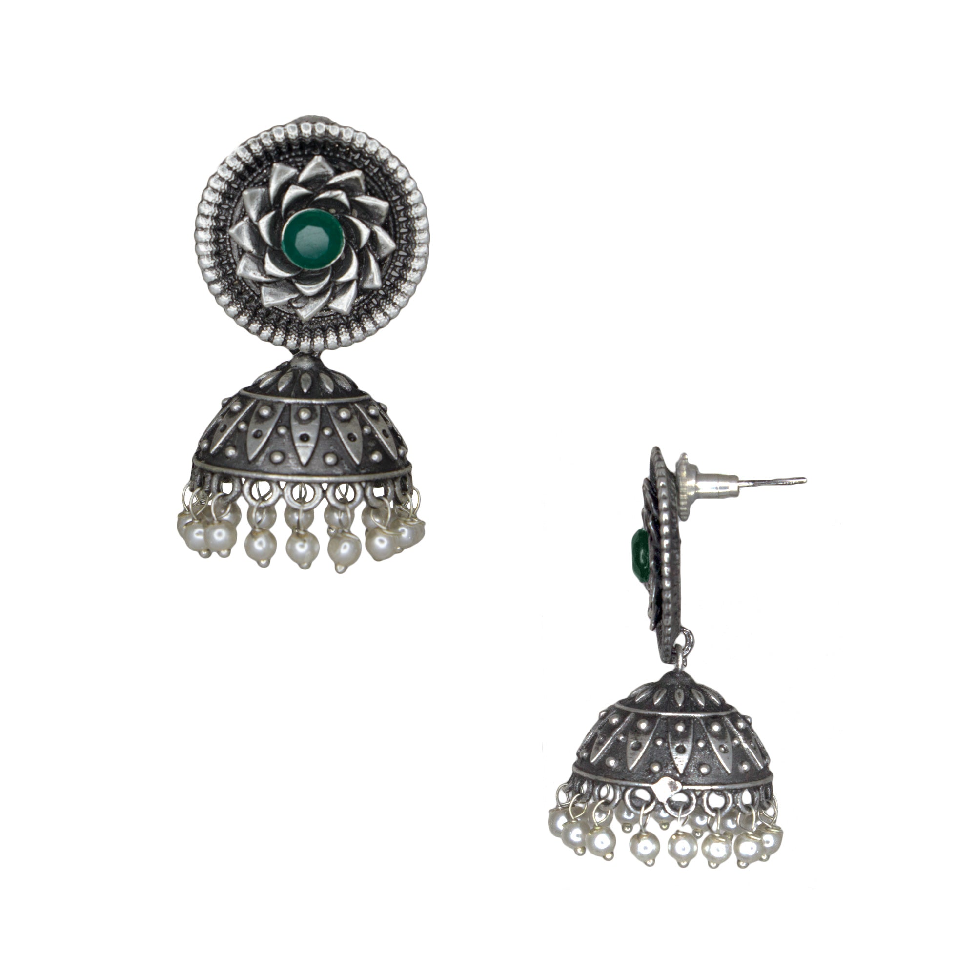 Abhinn Silver Replica Floral Design Jhumka Earring With Green CZ Stone For Girls.