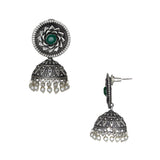 Abhinn Silver Replica Floral Design Jhumka Earring With Green CZ Stone For Girls.