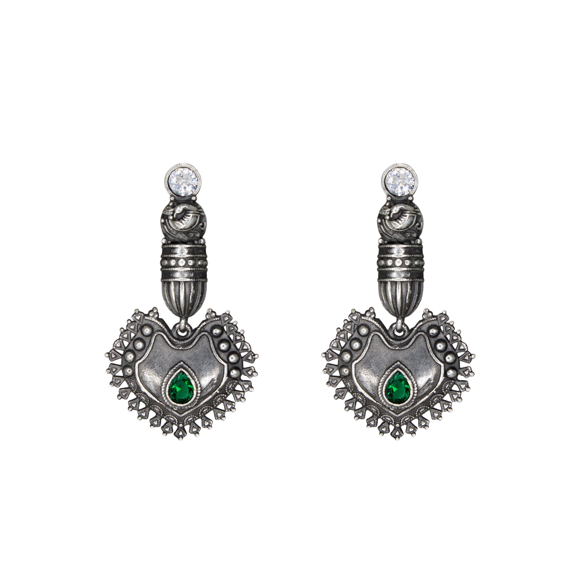 Silver Replica Peacock Green Studs Dangler Earrings For Women