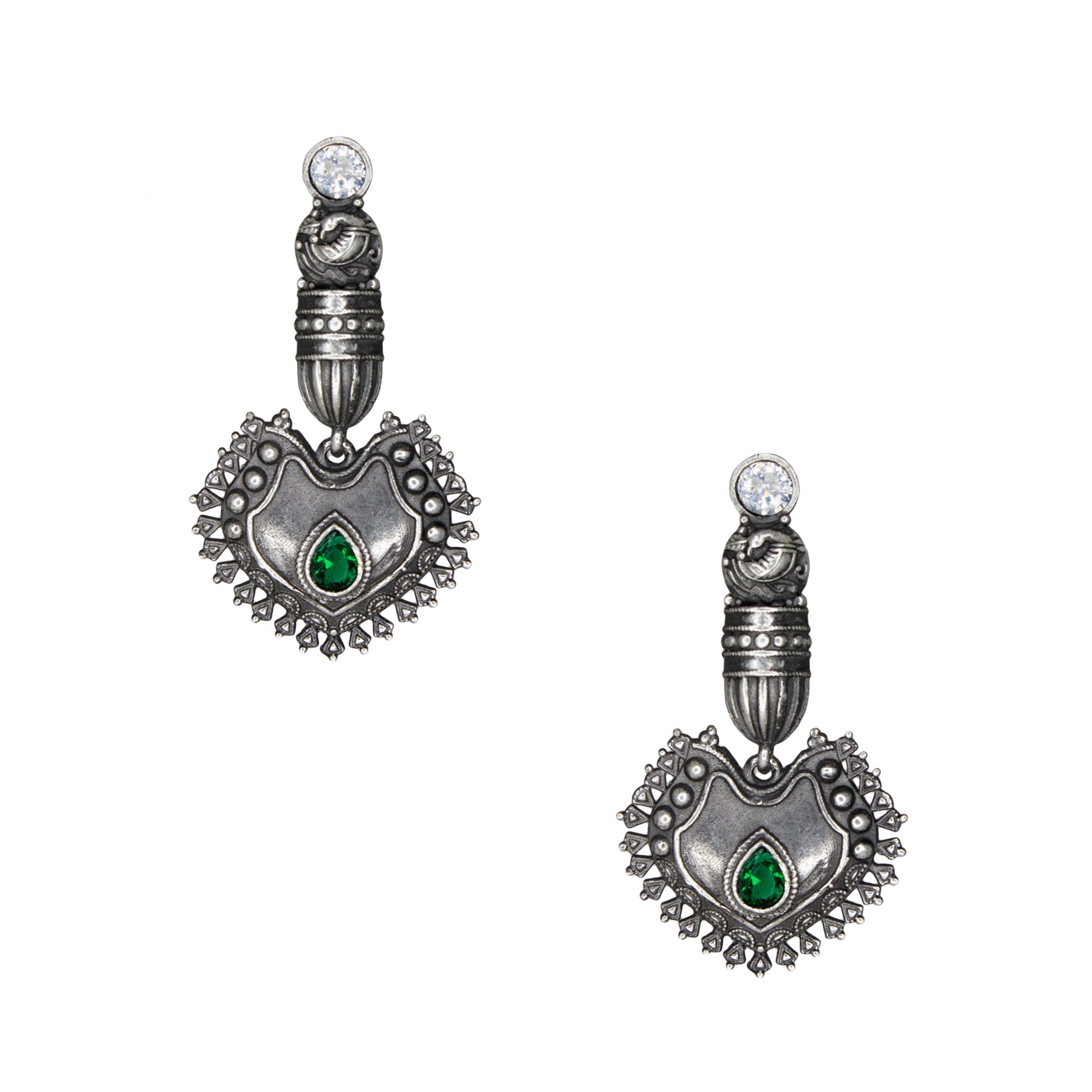 Silver Replica Peacock Green Studs Dangler Earrings For Women