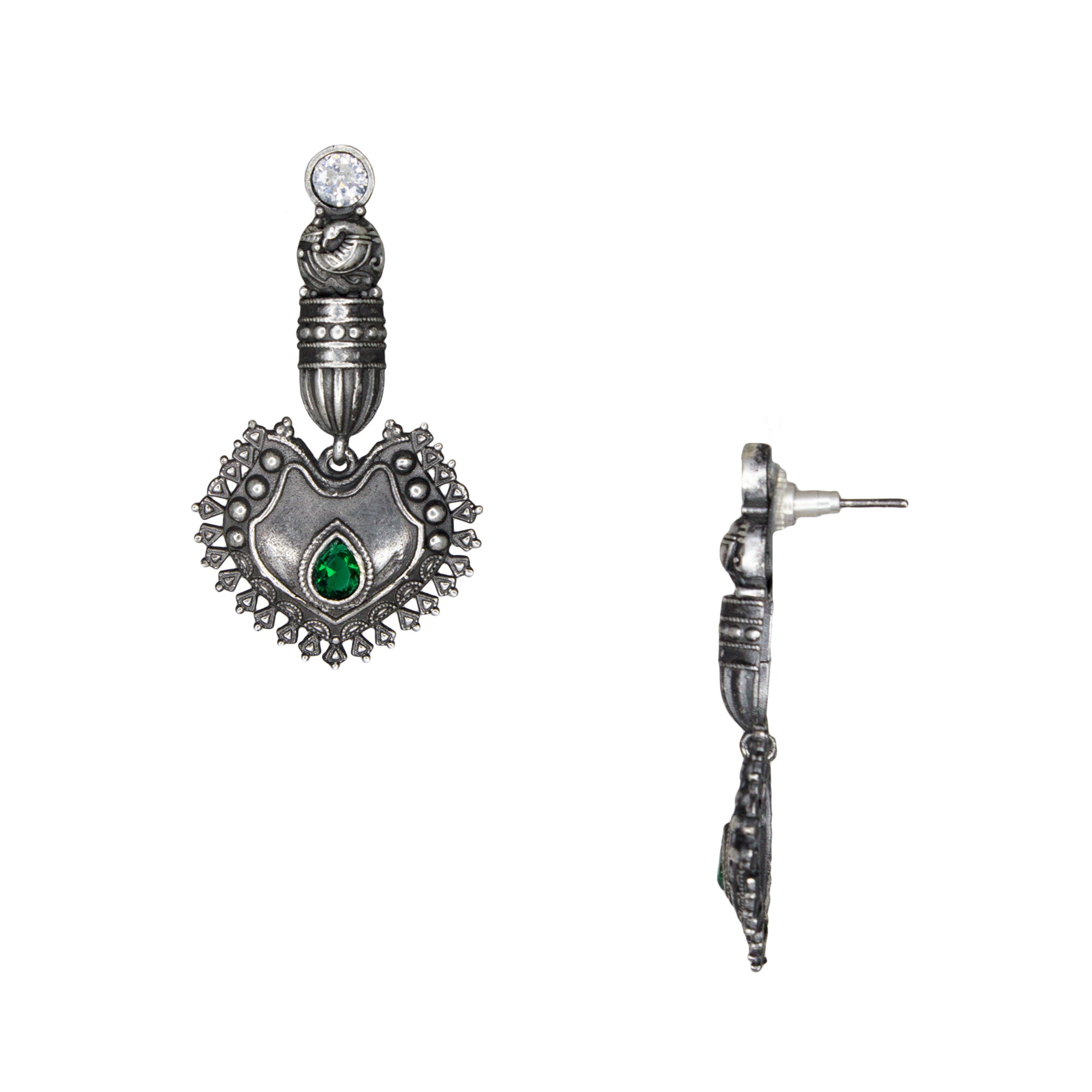 Silver Replica Peacock Green Studs Dangler Earrings For Women