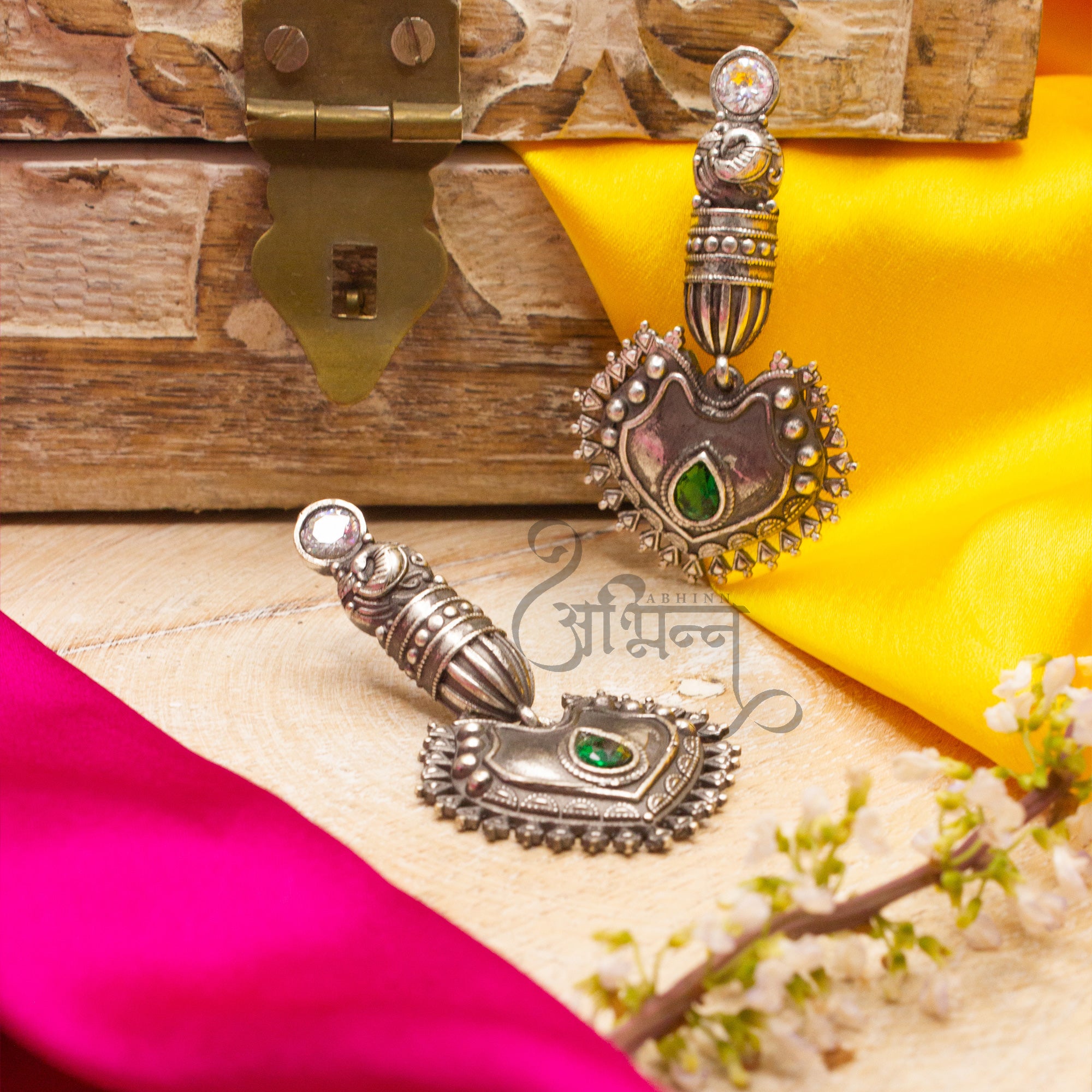 Silver Replica Peacock Green Studs Dangler Earrings For Women