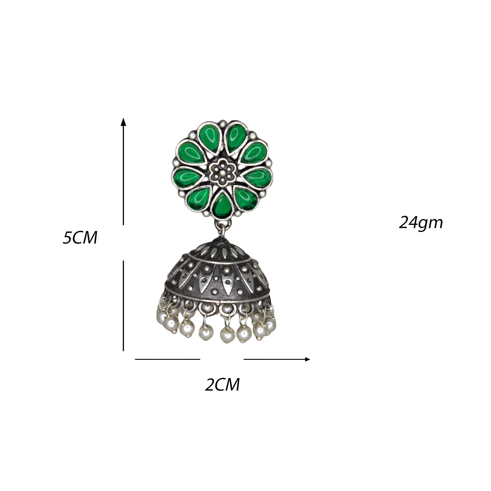 Silver Lookalike Floral Design Green Stones Studded Studs with Jhumka Earrings