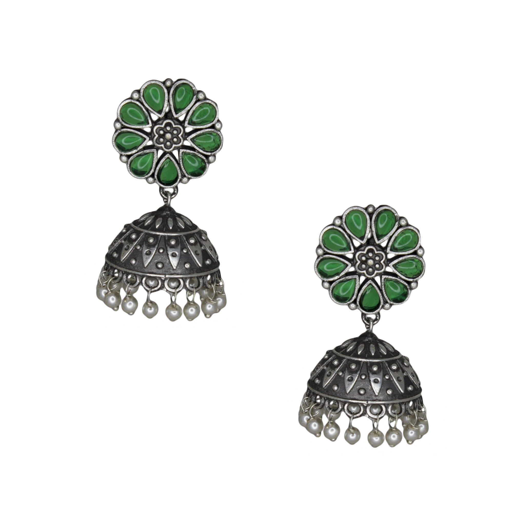 Silver Lookalike Floral Design Green Stones Studded Studs with Jhumka Earrings