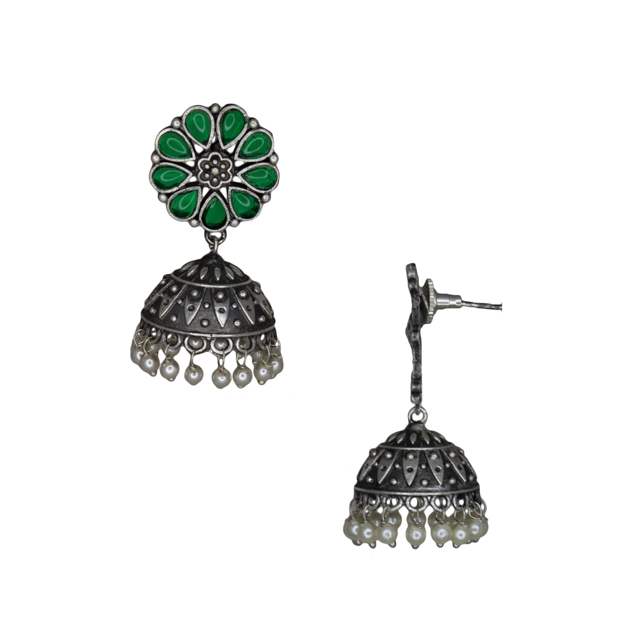 Silver Lookalike Floral Design Green Stones Studded Studs with Jhumka Earrings