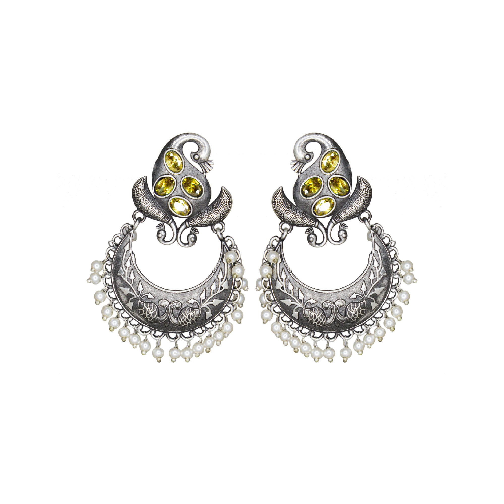 Abhinn Silver Replica Peacock Design Studs With Green CZ Stones Studded Earrings for Women
