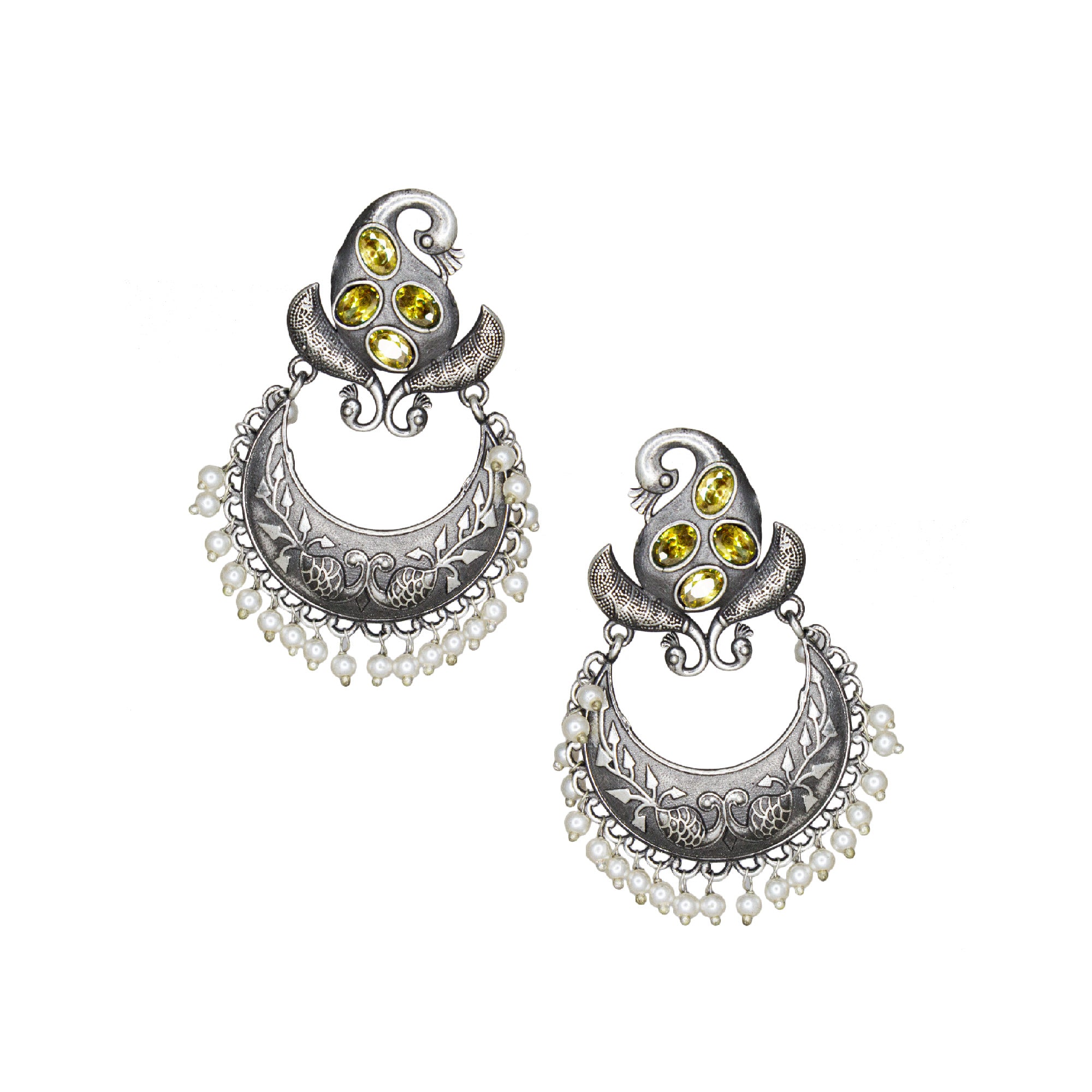 Abhinn Silver Replica Peacock Design Studs With Green CZ Stones Studded Earrings for Women