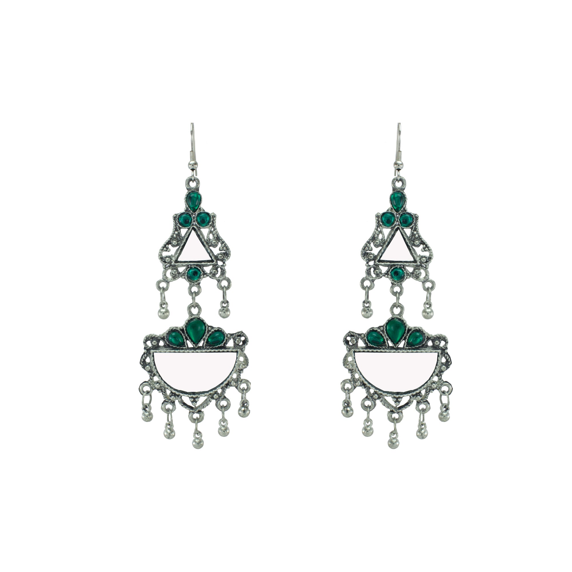 Abhinn Afghani Silver Oxidised Mirror With Stones Dangler Earrings for Women
