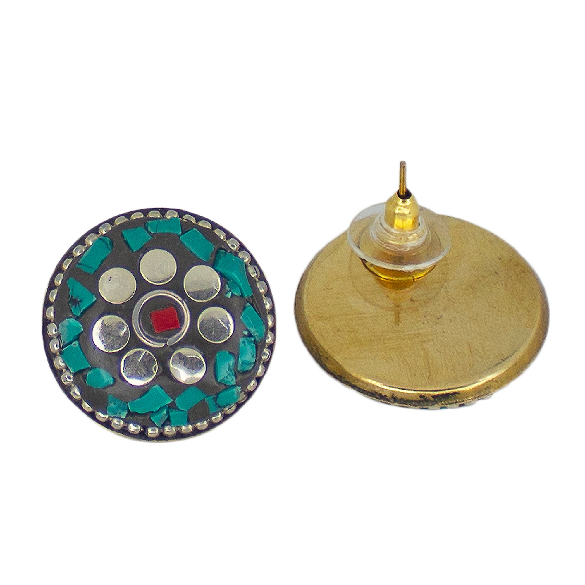 Abhinn Handmade Tibetan Silver Plated Green Round Studs Earrings For Women