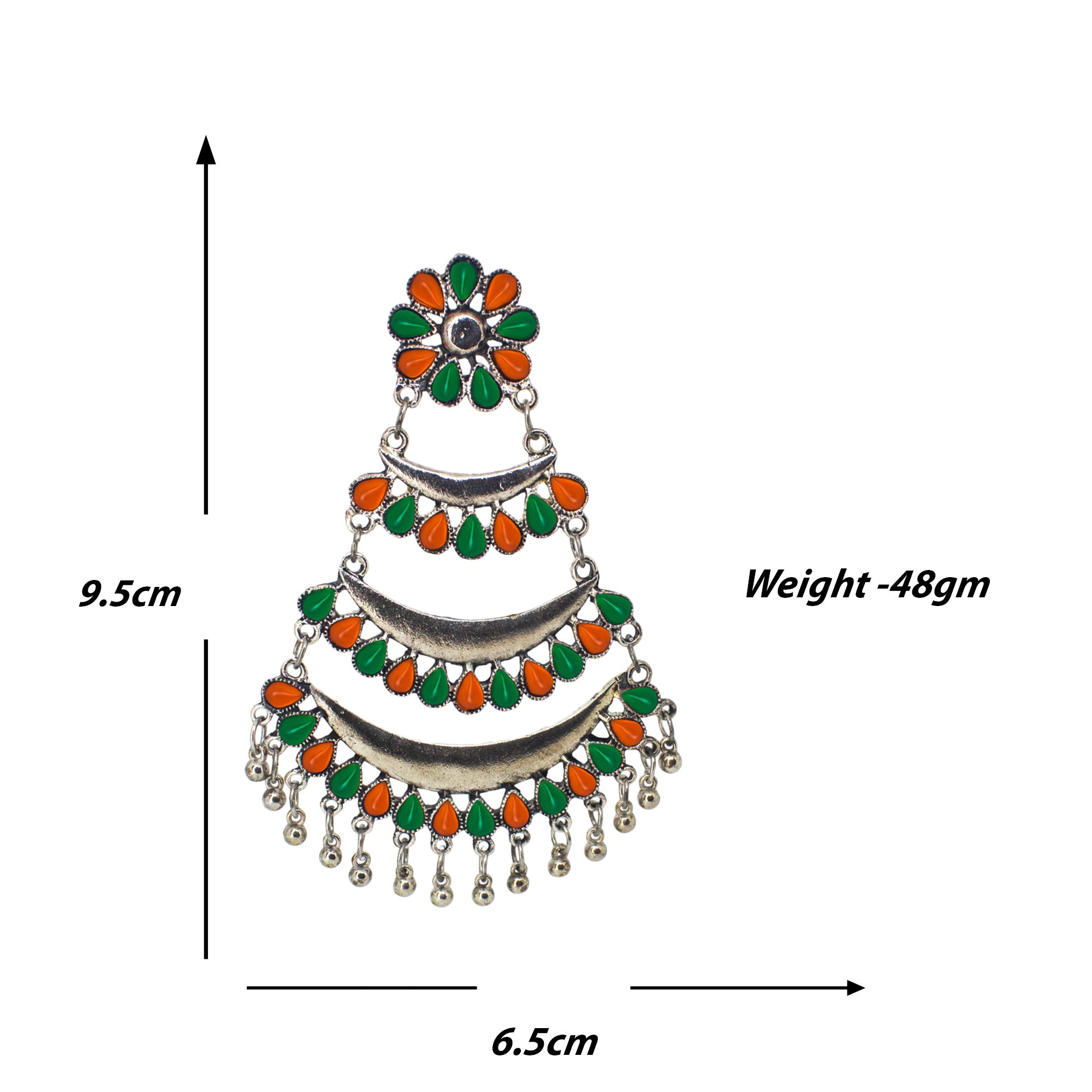 Abhinn Silver Oxidised Triple Layered Multi Colour Green-Orange Dangler Earrings For Women